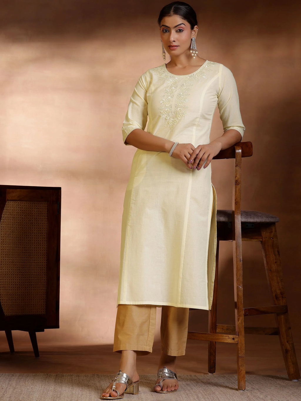 Libas Off White Yoke Design Cotton Straight Kurta