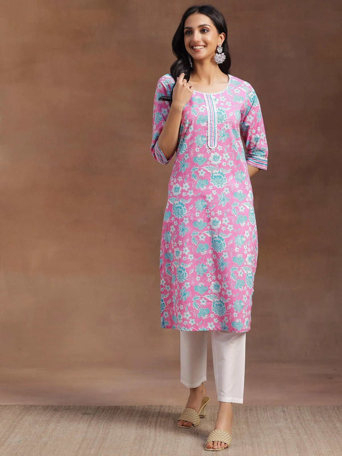 Libas Pink Printed Cotton Straight Kurta
