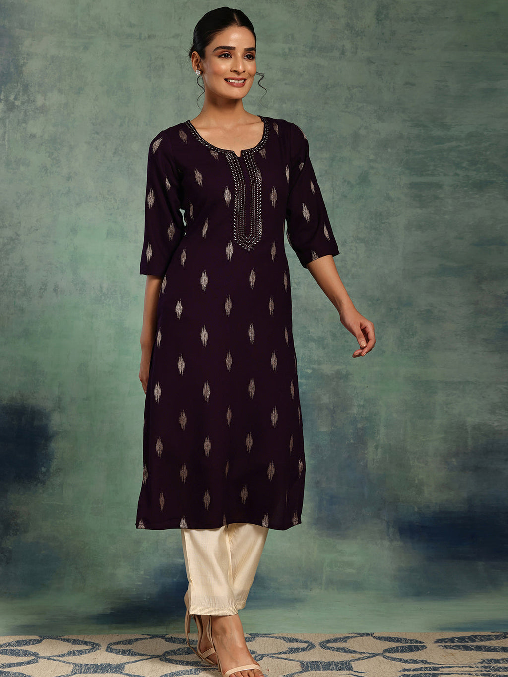 Libas Purple Woven Design Rayon Straight Kurta