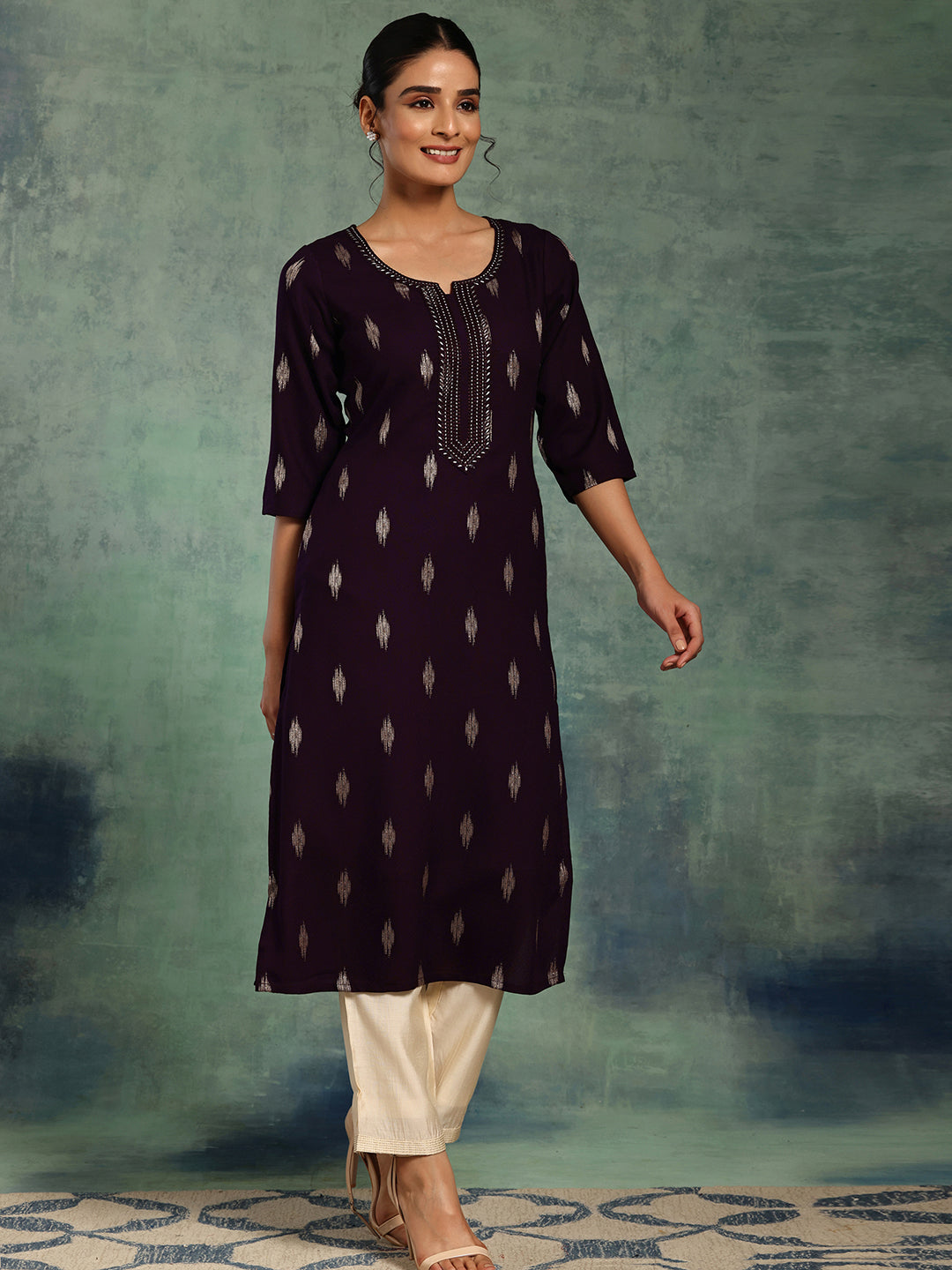 Libas Purple Woven Design Rayon Straight Kurta