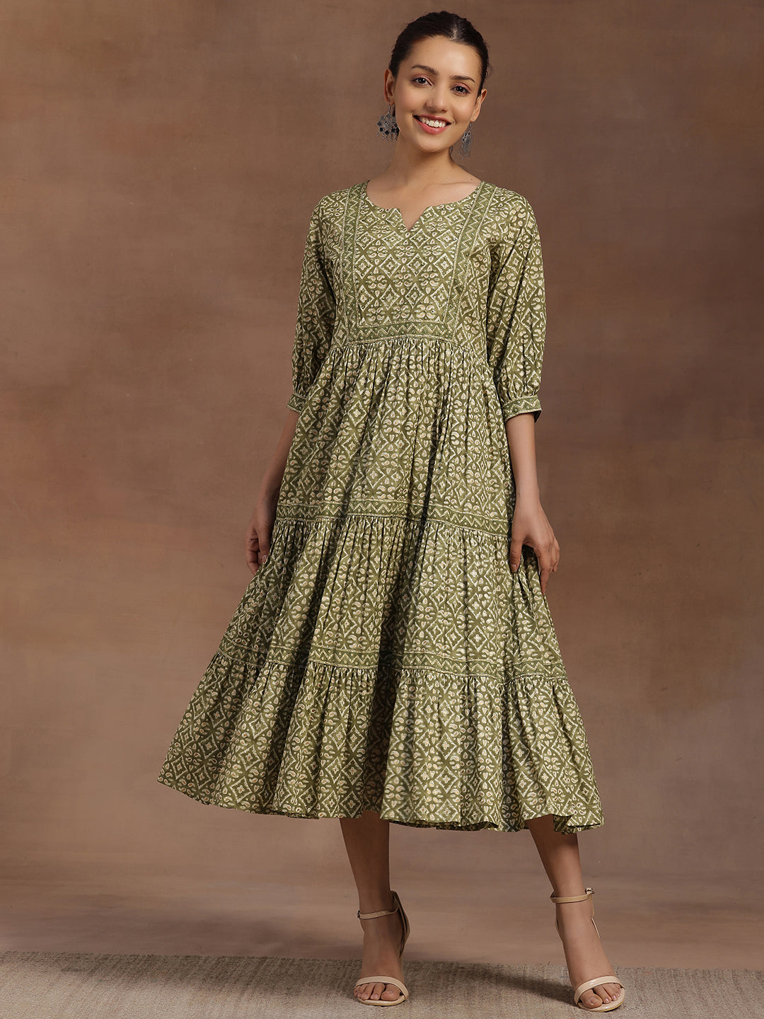 Libas Green Printed Cotton A-Line Dress