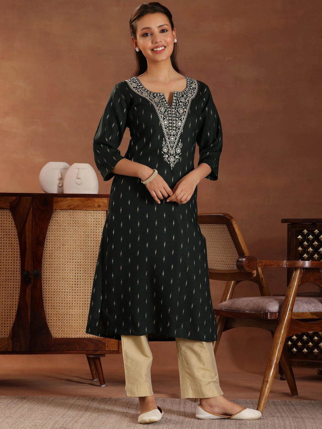 Gerua Green Woven Design Cotton Blend Straight Kurta
