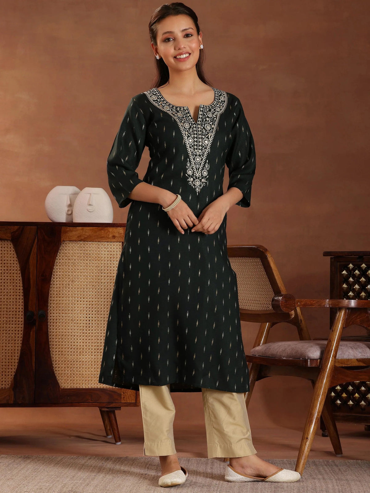 Gerua Green Woven Design Cotton Blend Straight Kurta