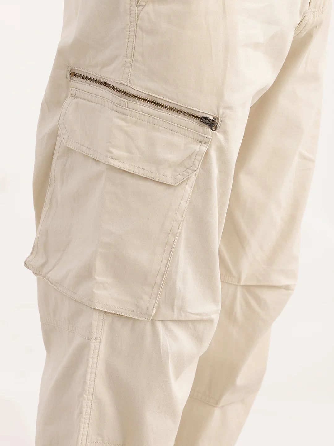 Solid Loose Fit Cargo Trouser | Beige