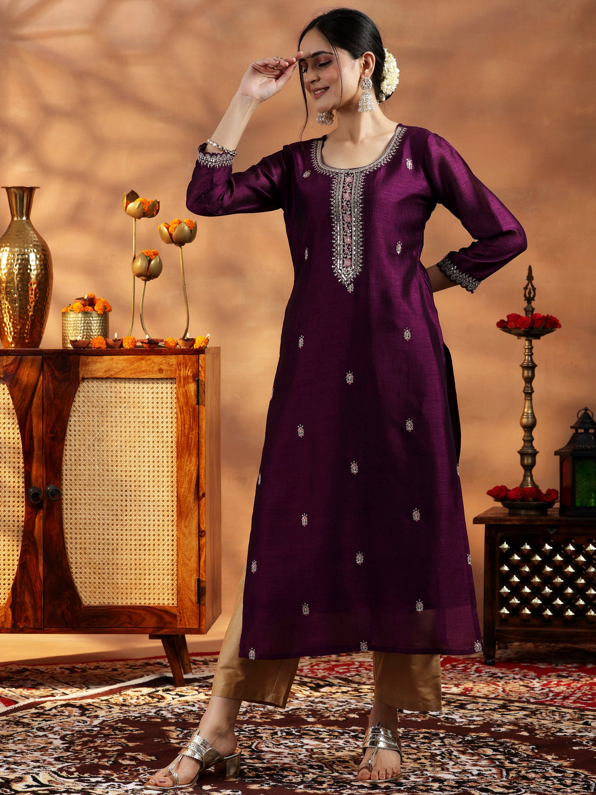 Libas Burgundy Embroidered Silk Straight Kurta