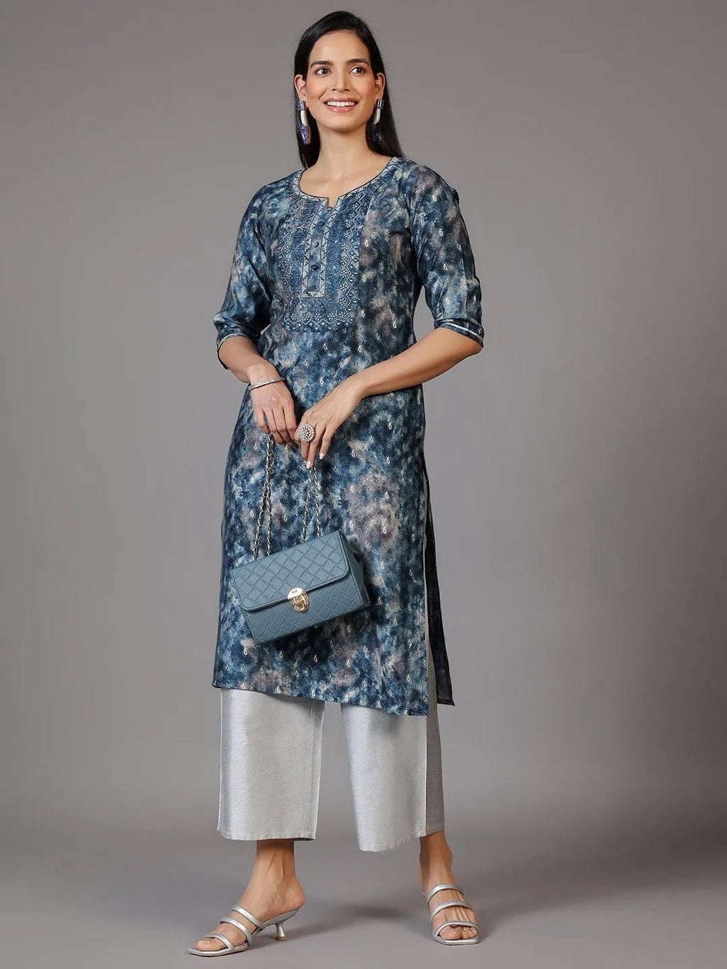 Libas Navy Blue Yoke Design Silk Straight Kurta