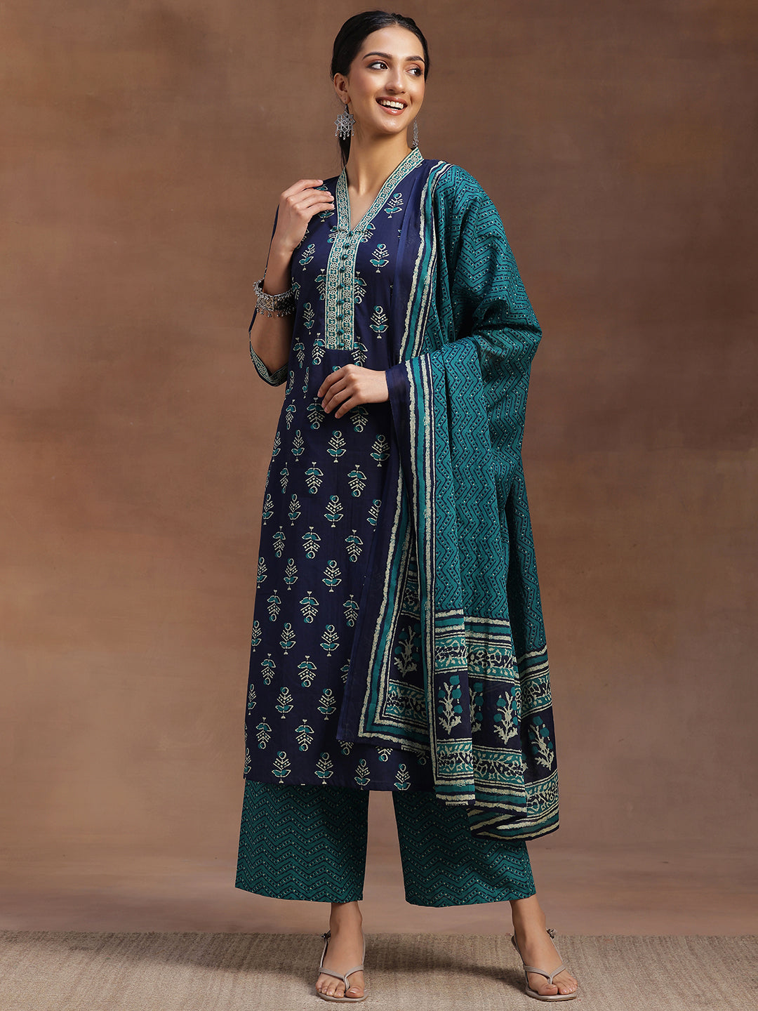 Libas Blue Printed Cotton Straight Suit With Dupatta