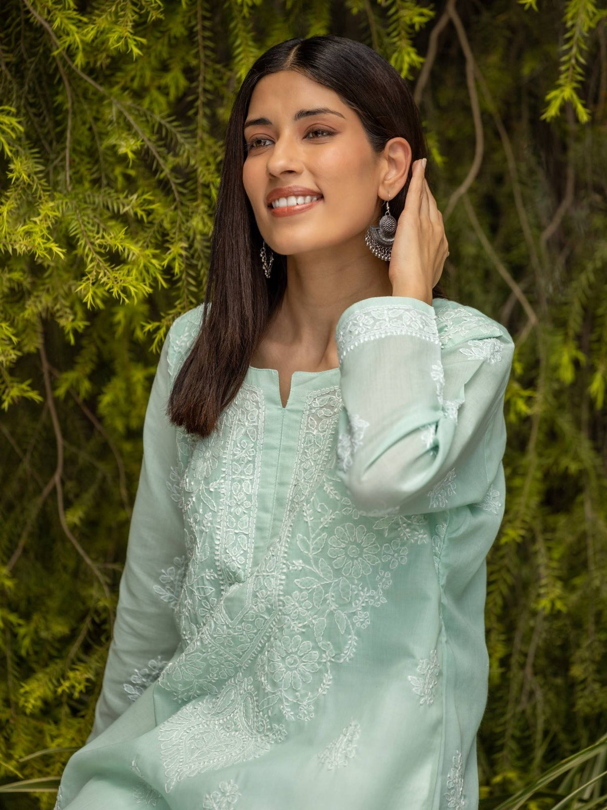 Sahiba Chikankari Pastel Green Cotton Bakhiya Work Kurta with Slip | FY93 - view 4