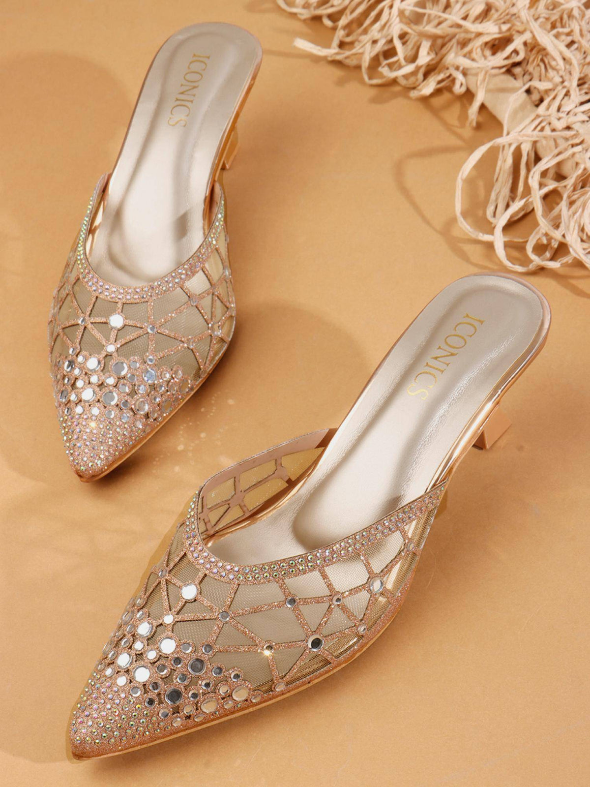 Women Rose Gold Embellished Kitten Mules Heels | H78 - view 3