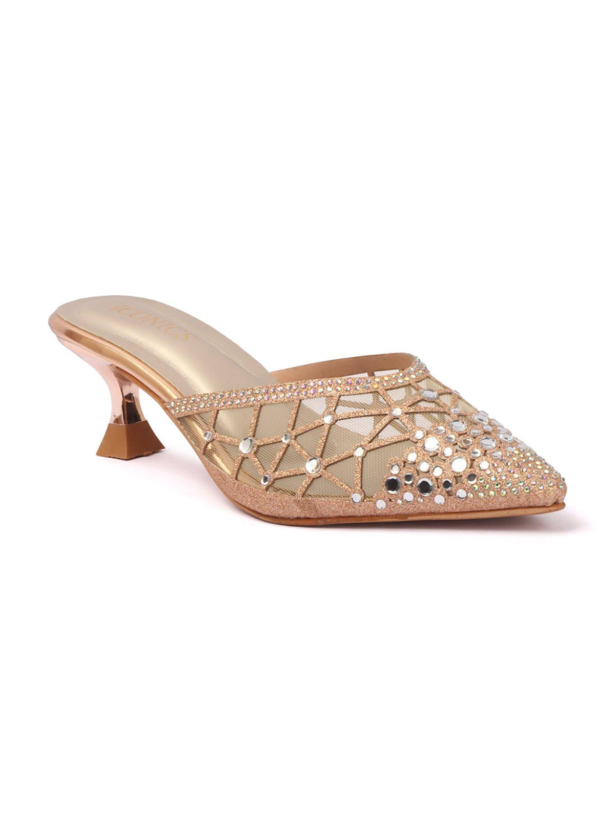 Women Rose Gold Embellished Kitten Mules Heels | H78 - view 4