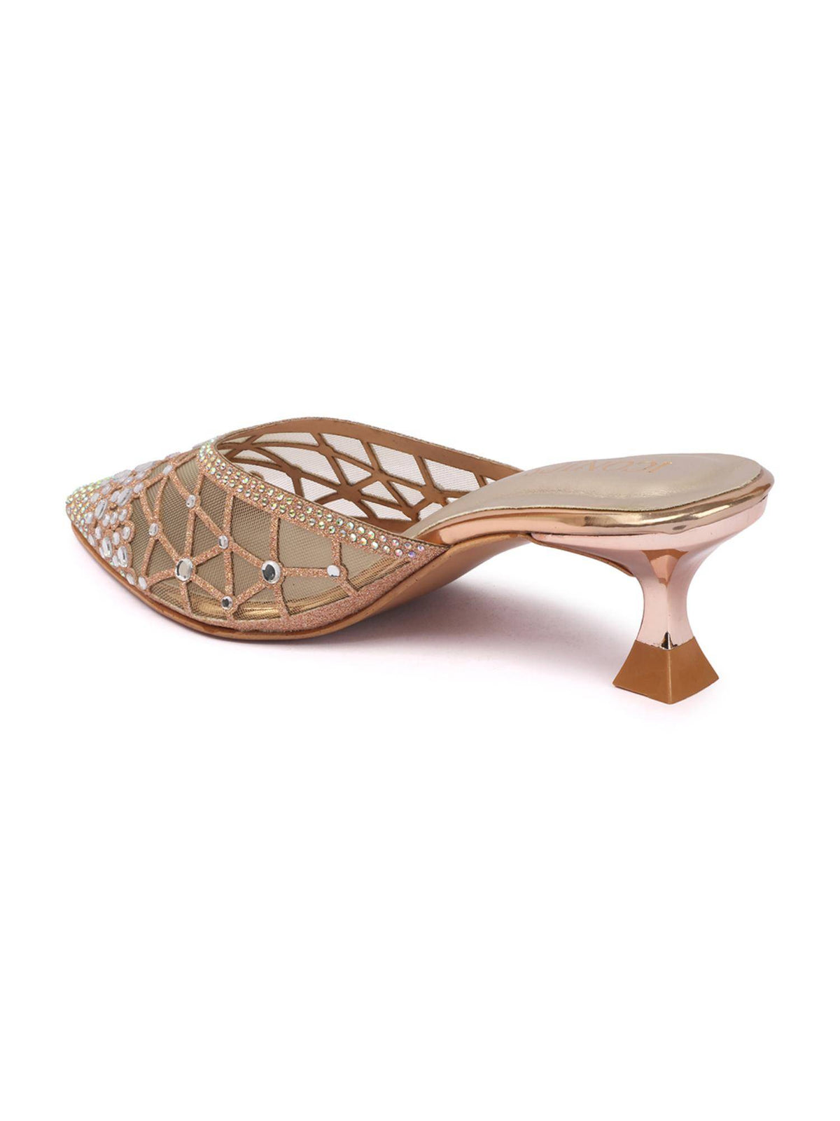 Women Rose Gold Embellished Kitten Mules Heels | H78 - view 5