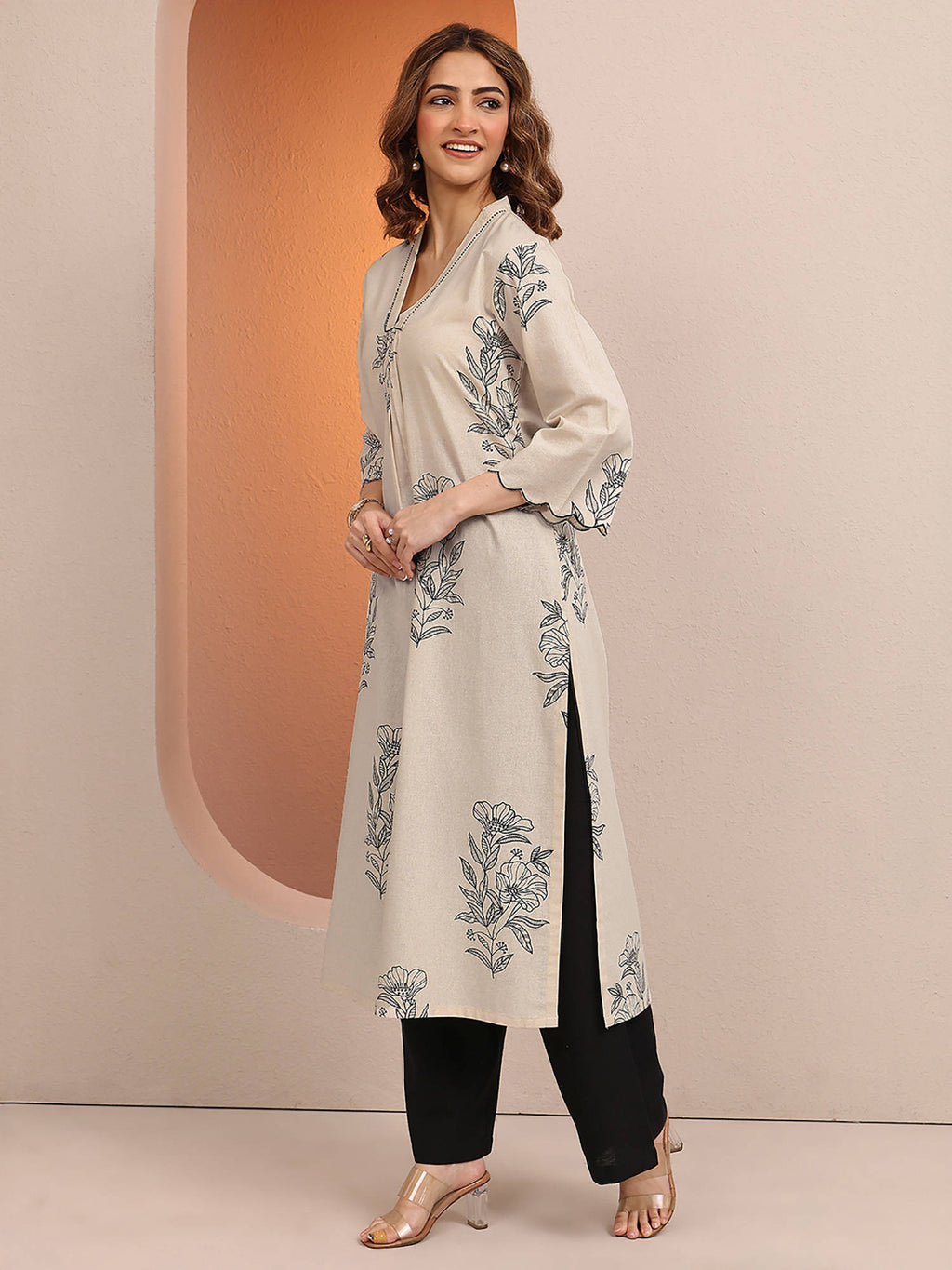 Beige Floral Motif Printed Straight Kurta | U3S - view 2