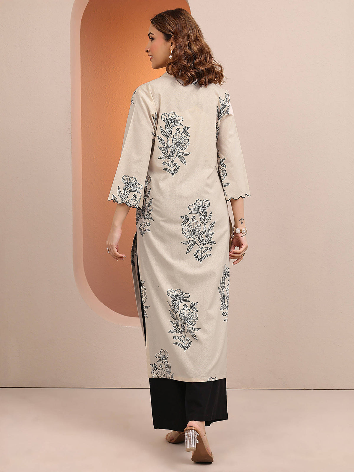 Beige Floral Motif Printed Straight Kurta | U3S - view 3