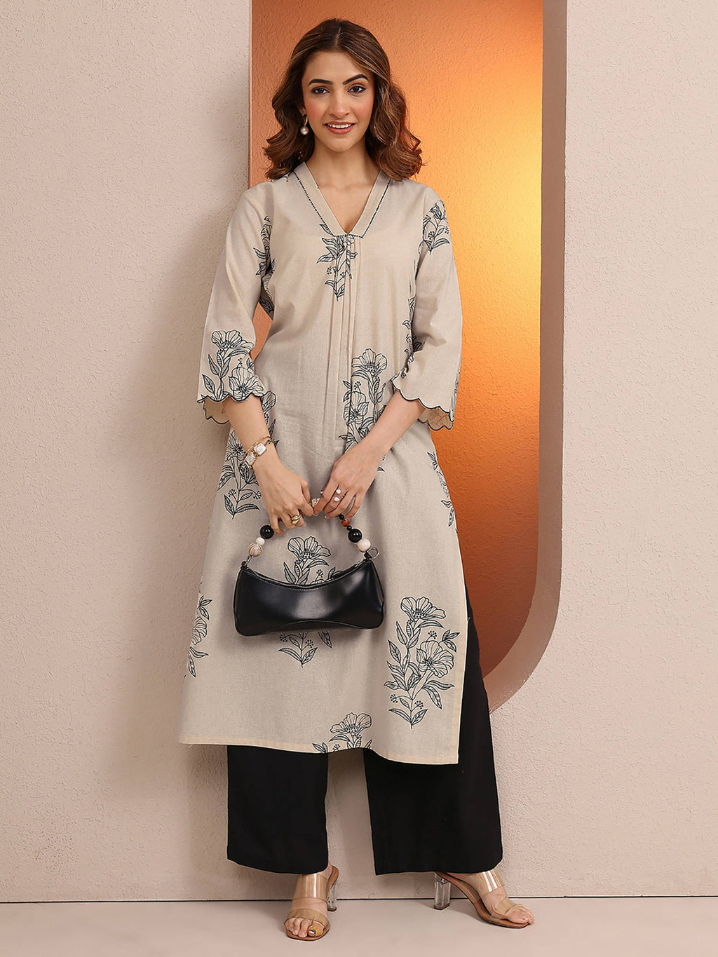 Beige Floral Motif Printed Straight Kurta | U3S - view 5