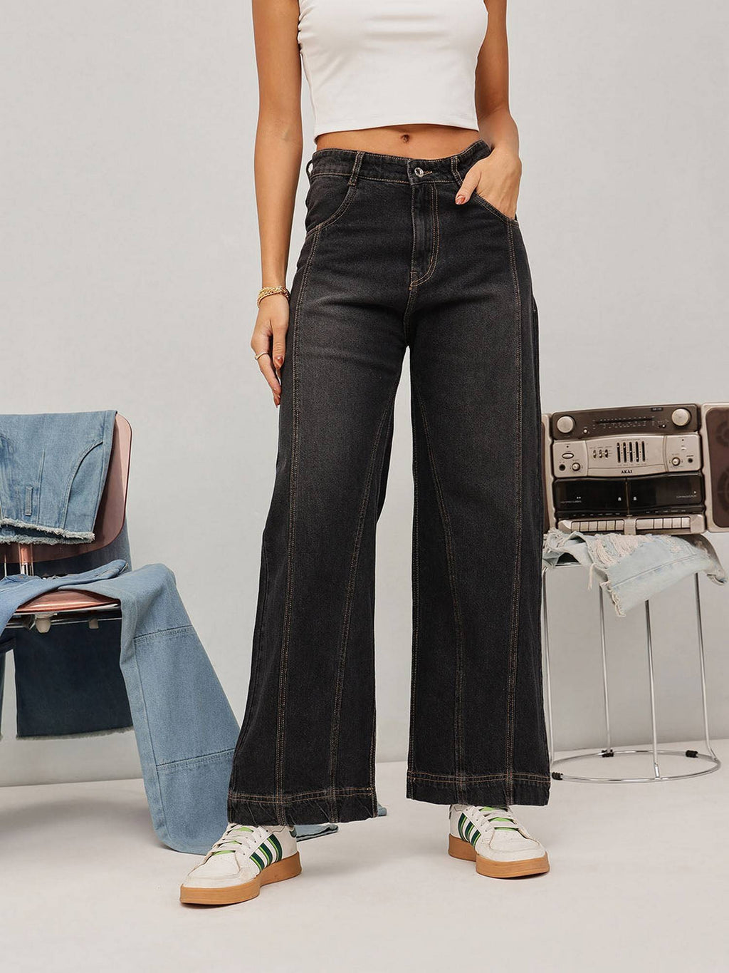 Black Wide Leg Solid Jeans | ST23 - view 1