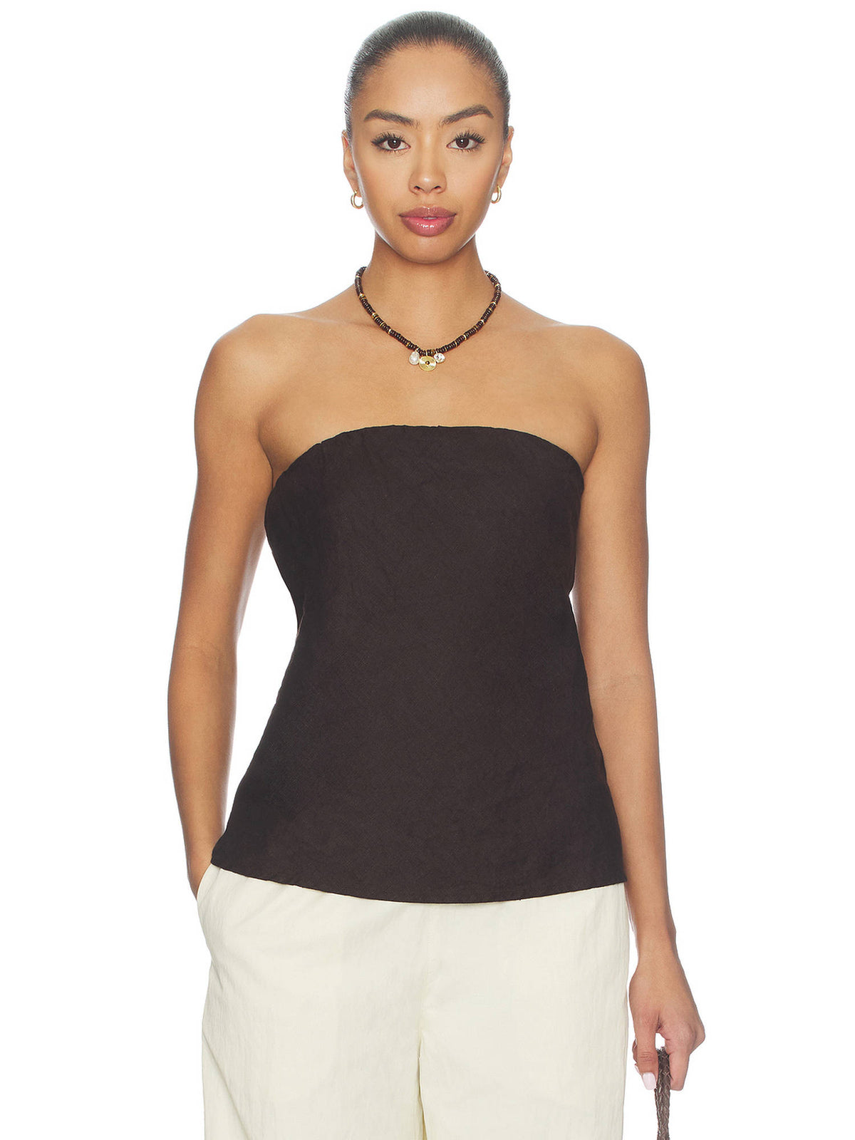 Linen Women's Strapless Elastic Neckline Tube Top Brown | TT90 - view 1