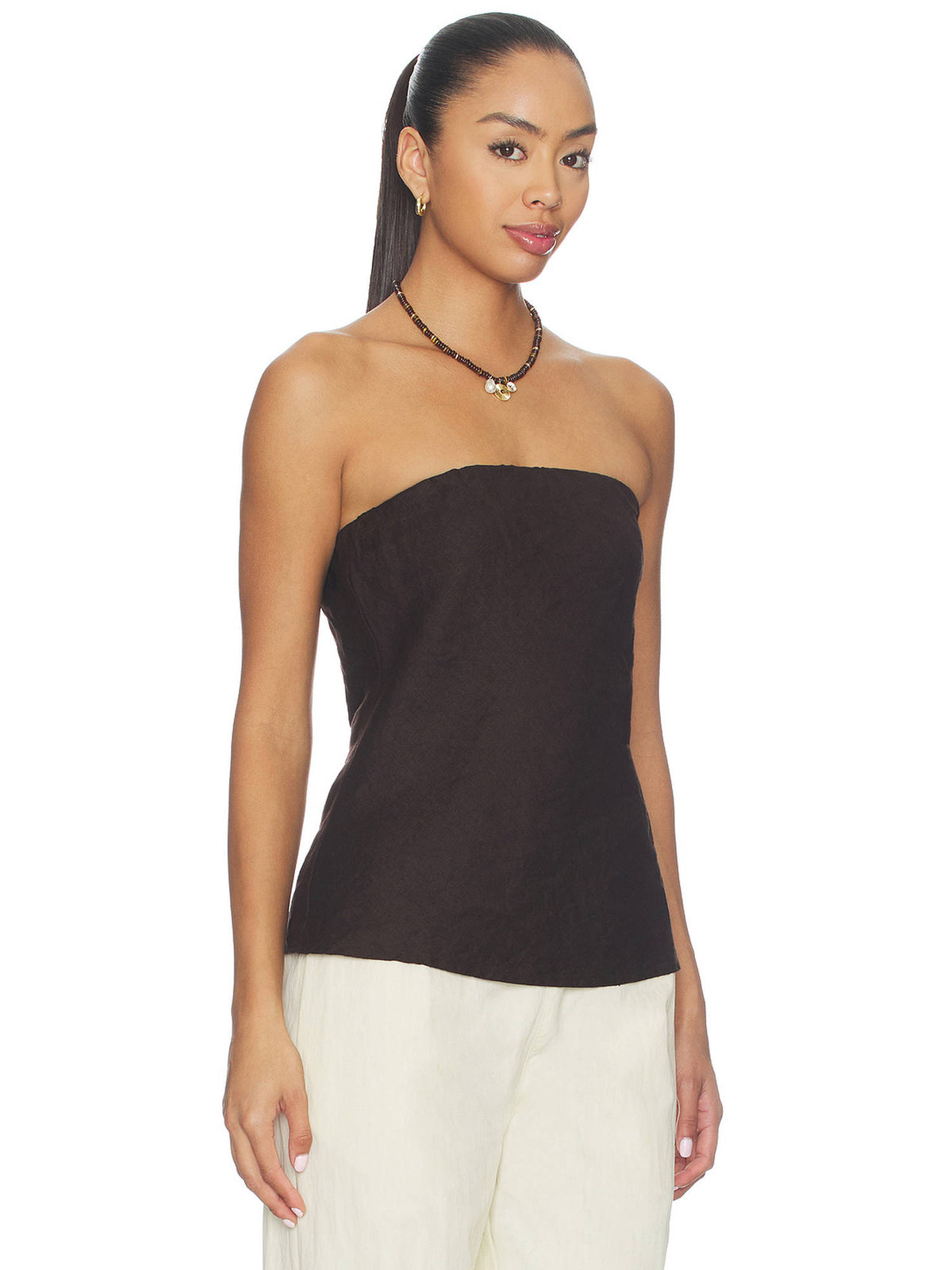 Linen Women's Strapless Elastic Neckline Tube Top Brown | TT90 - view 4