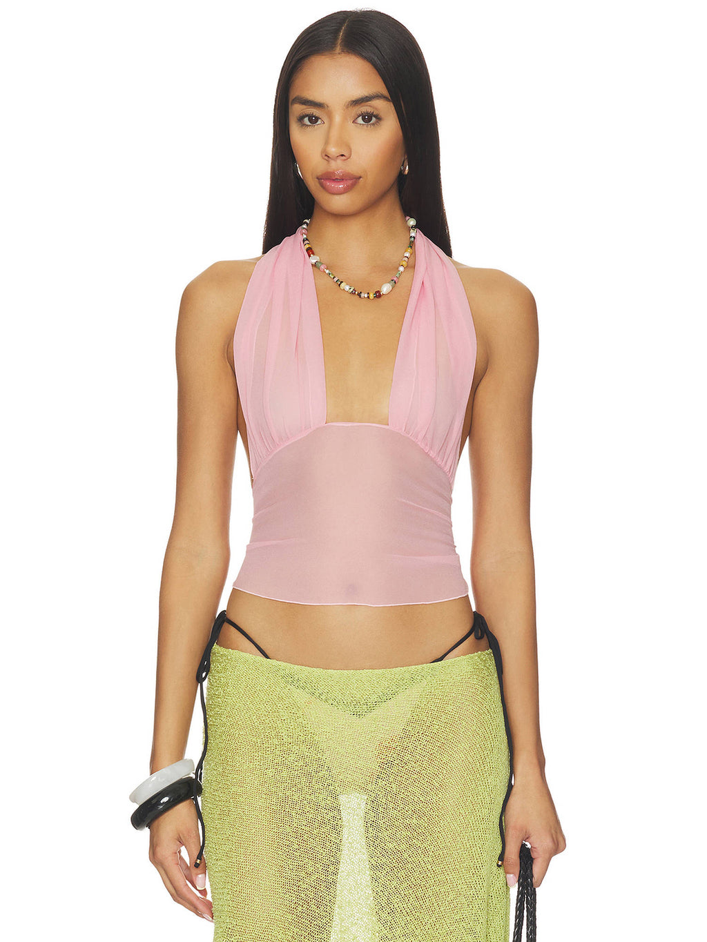 Solid Women's Sheer Tie-Back Halter Top Pink | HT67 - view 1