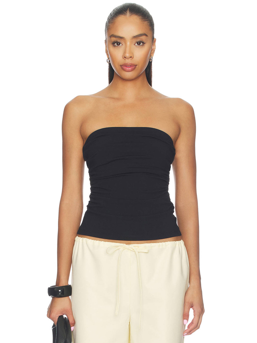 Waist Gathered Women's Ruched Strapless/Tube Tube Top Black | TT90 - view 1