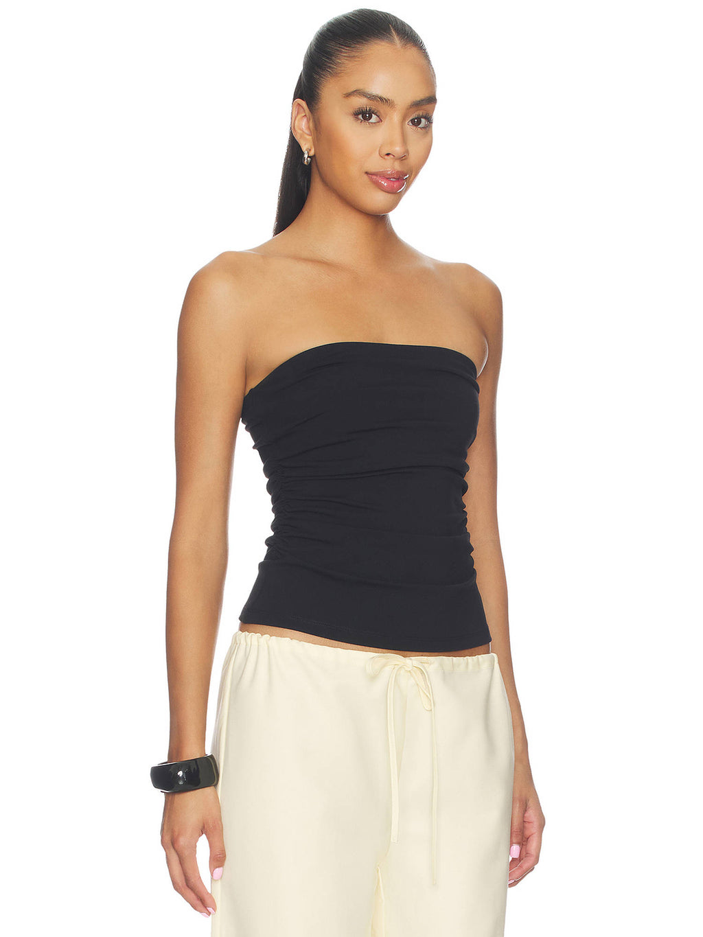 Waist Gathered Women's Ruched Strapless/Tube Tube Top Black | TT90 - view 4