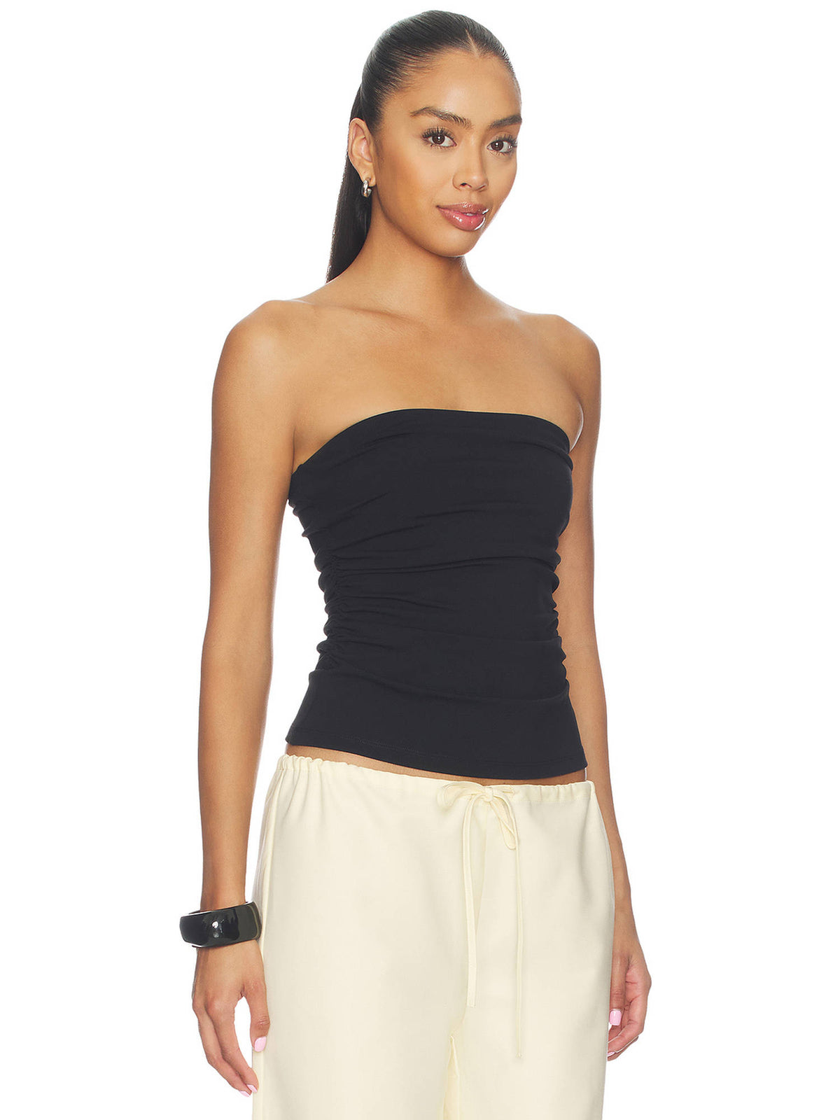 Waist Gathered Women's Ruched Strapless/Tube Tube Top Black | TT90 - view 4