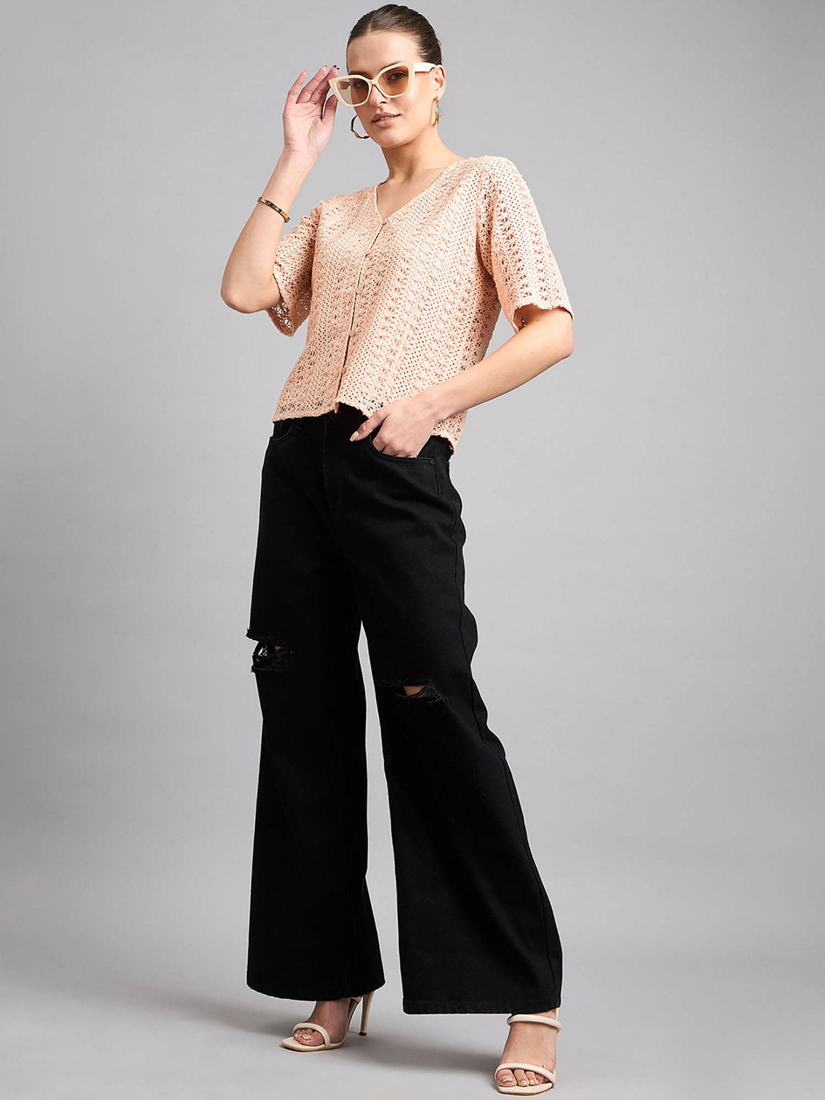 Women Light Blue Wide Leg High Rise Jeans | WL90 - view 4