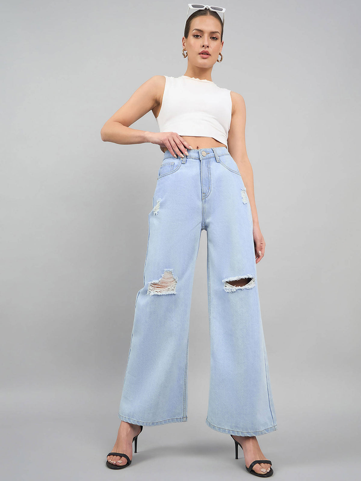 Women Light Blue Wide Leg High Rise Jeans | WL90 - view 2