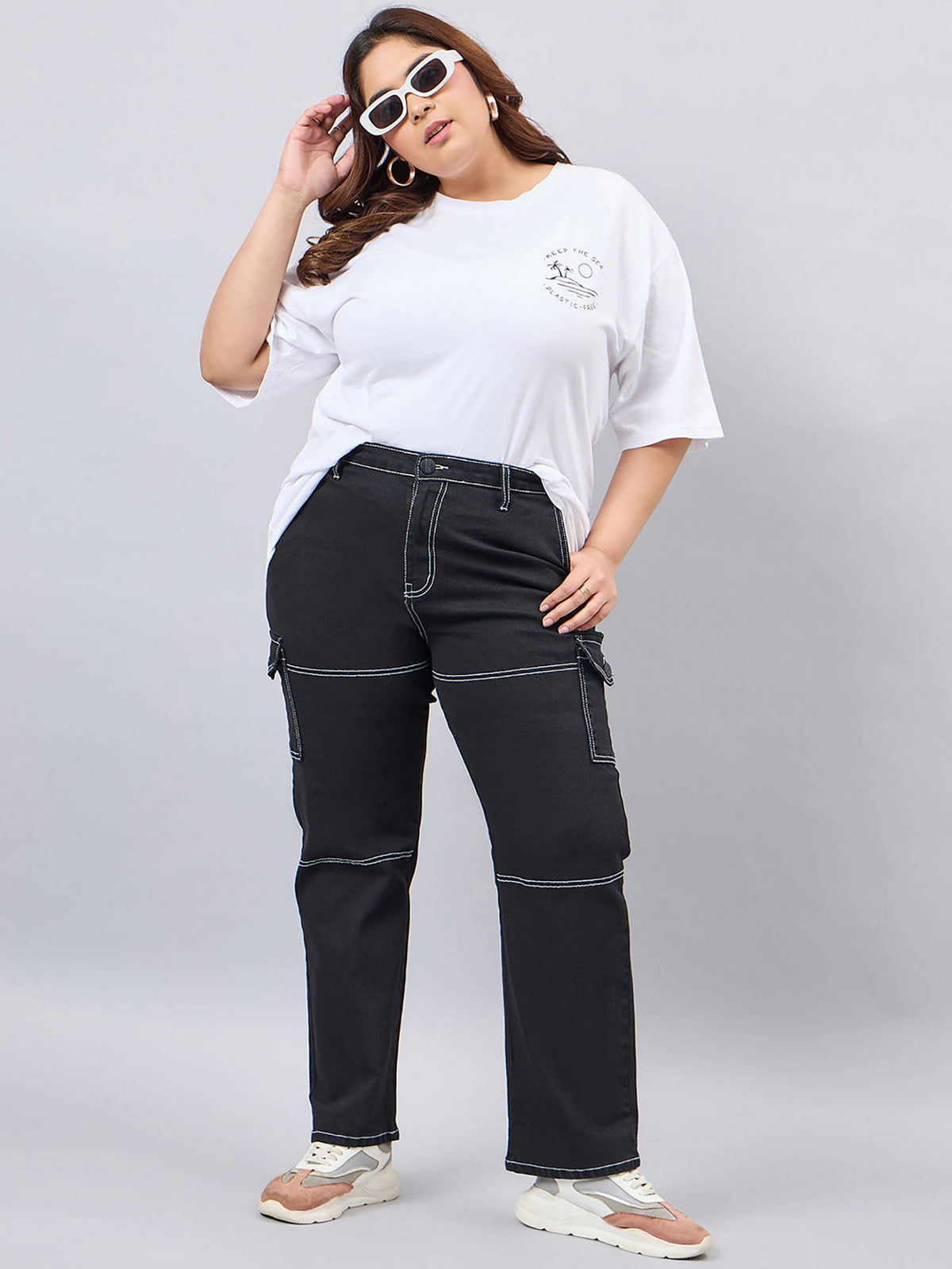 Women Plus Size Black Relaxed Fit High Rise Stretchable | RF89 - view 2