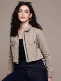 Women Solid Khaki Cotton Crop Jacket | JC78 - view 1