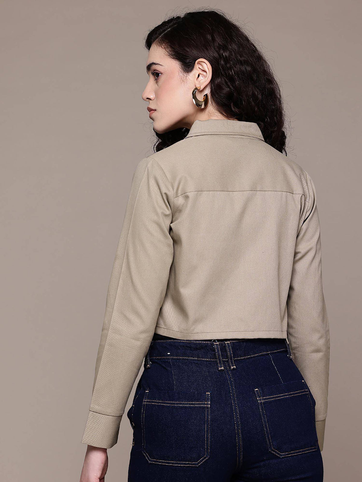 Women Solid Khaki Cotton Crop Jacket | JC78 - view 2