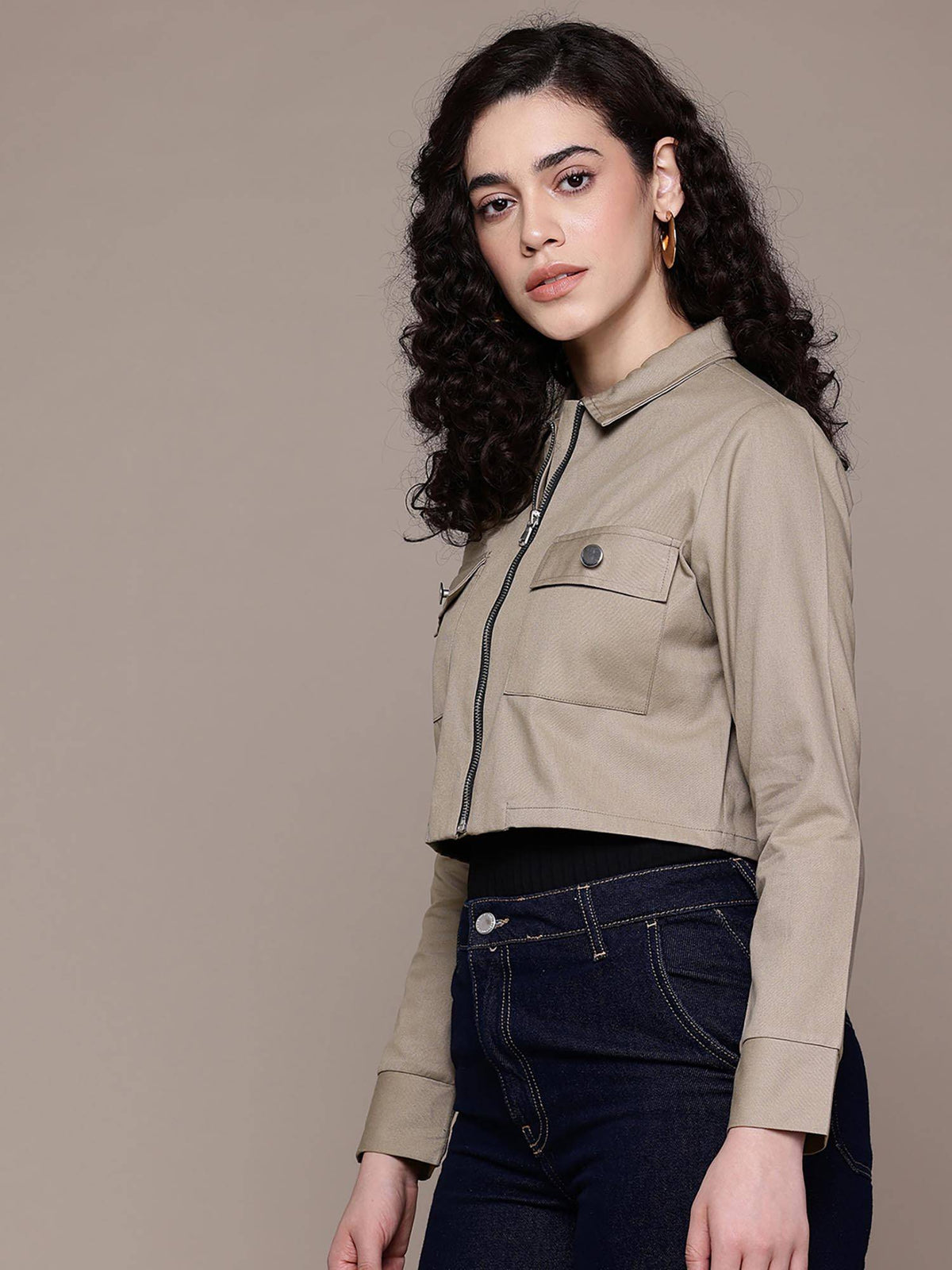 Women Solid Khaki Cotton Crop Jacket | JC78 - view 3