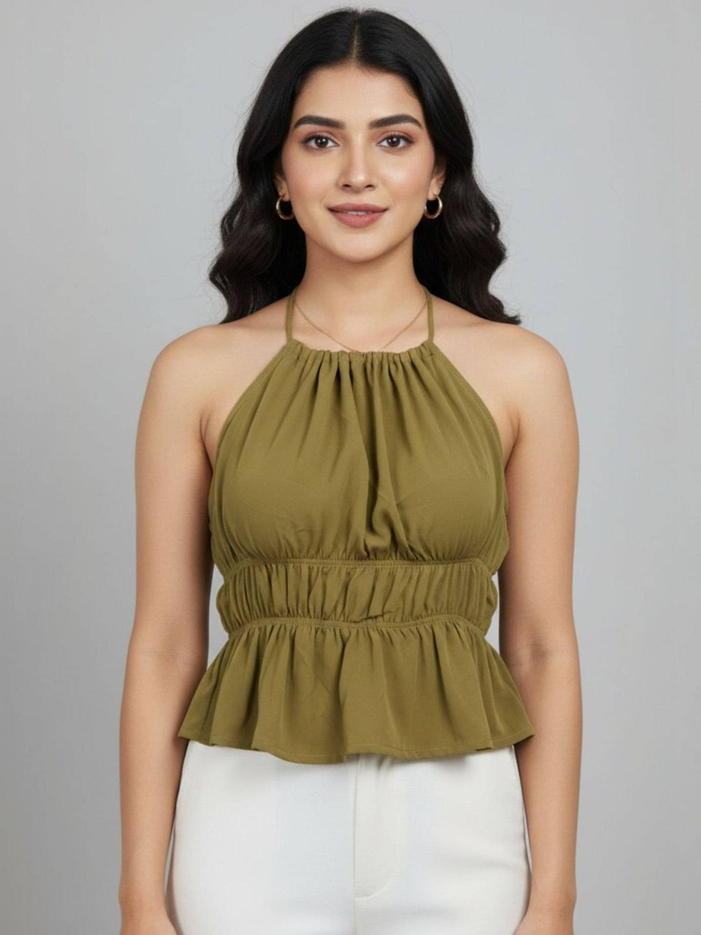 Olive Polyester Sleeveless Halter Neck Solid Top | HT67 - view 1