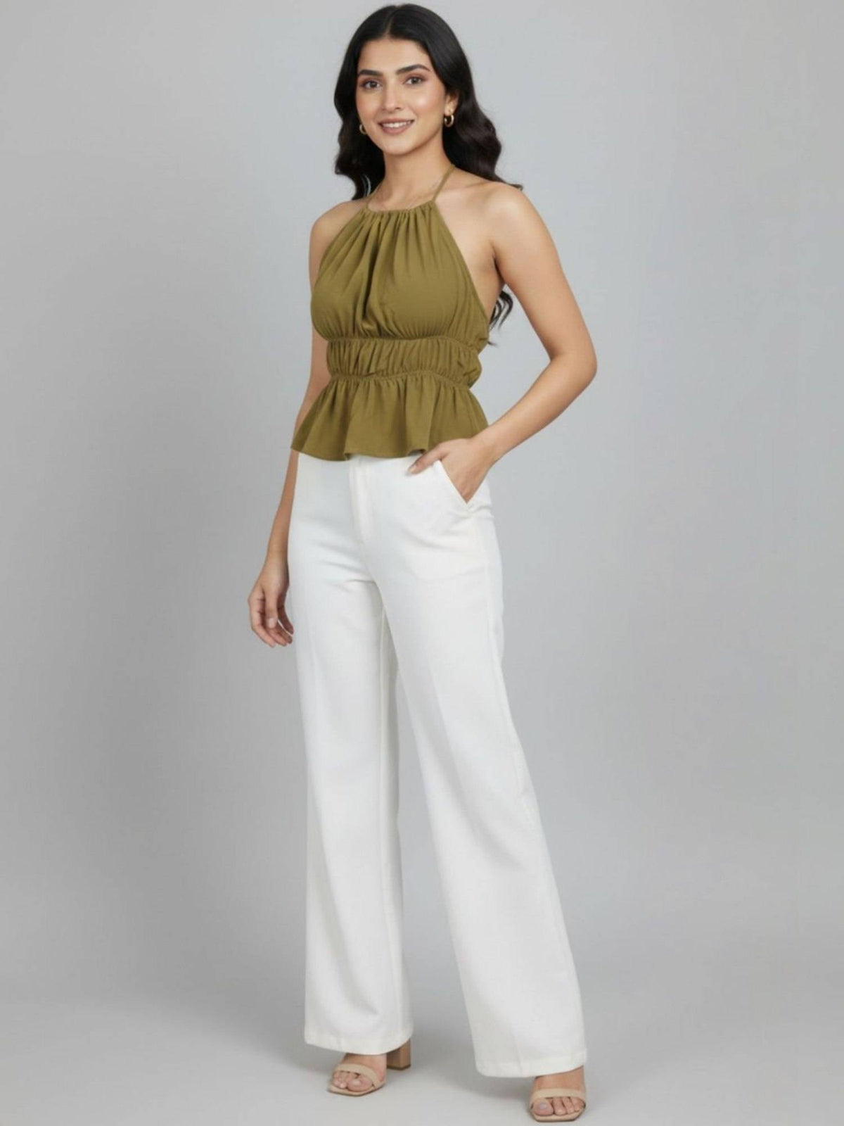 Olive Polyester Sleeveless Halter Neck Solid Top | HT67 - view 2