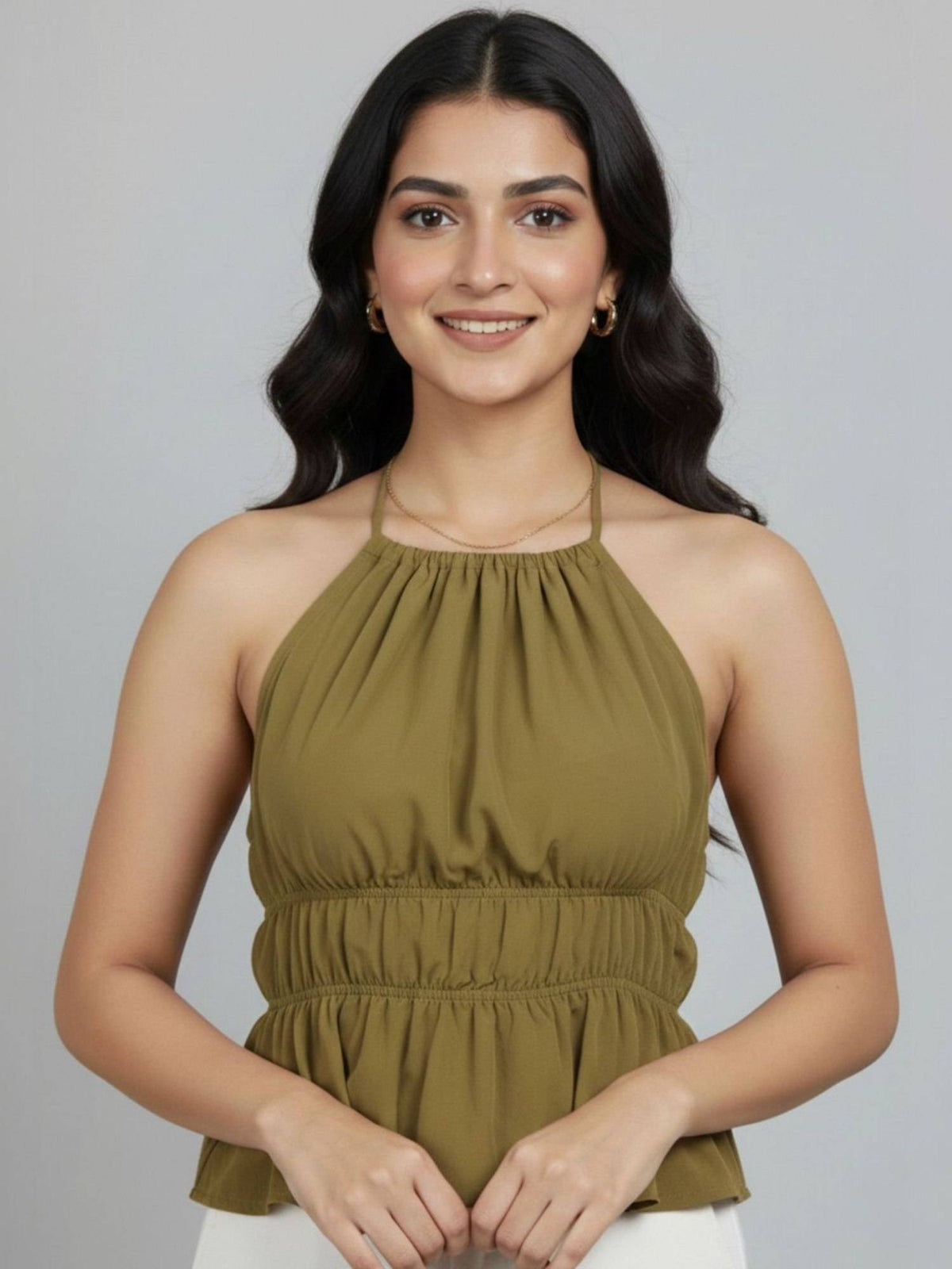 Olive Polyester Sleeveless Halter Neck Solid Top | HT67 - view 4