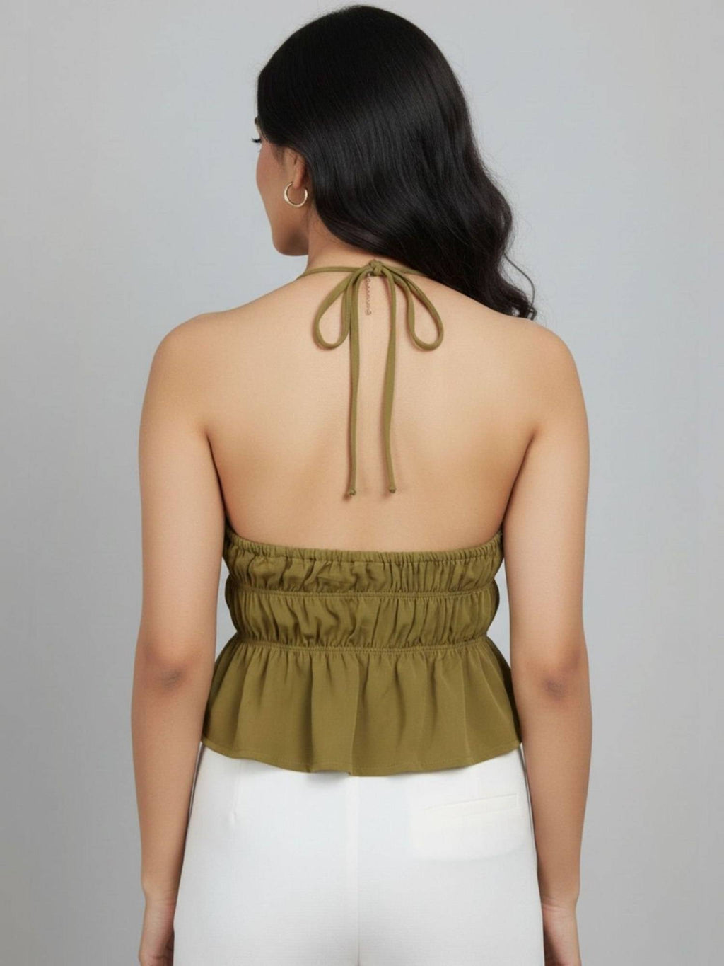 Olive Polyester Sleeveless Halter Neck Solid Top | HT67 - view 5