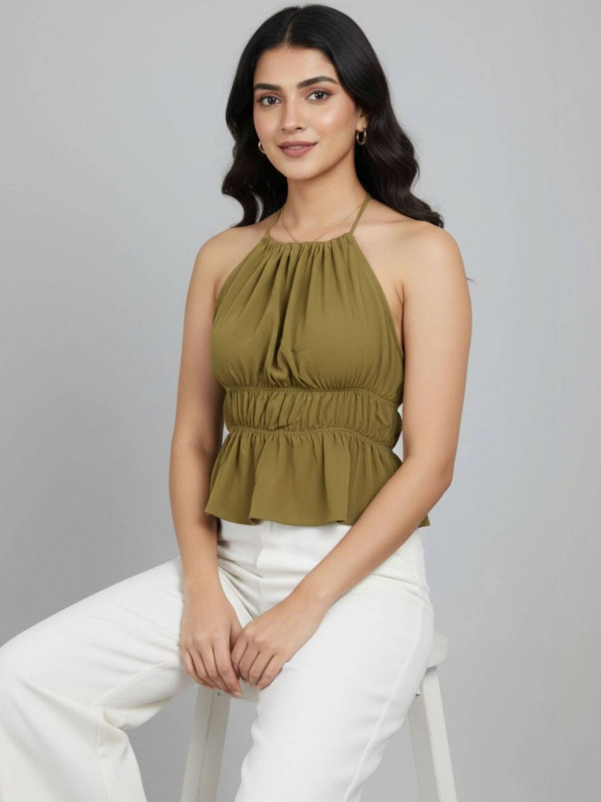 Olive Polyester Sleeveless Halter Neck Solid Top | HT67 - view 6