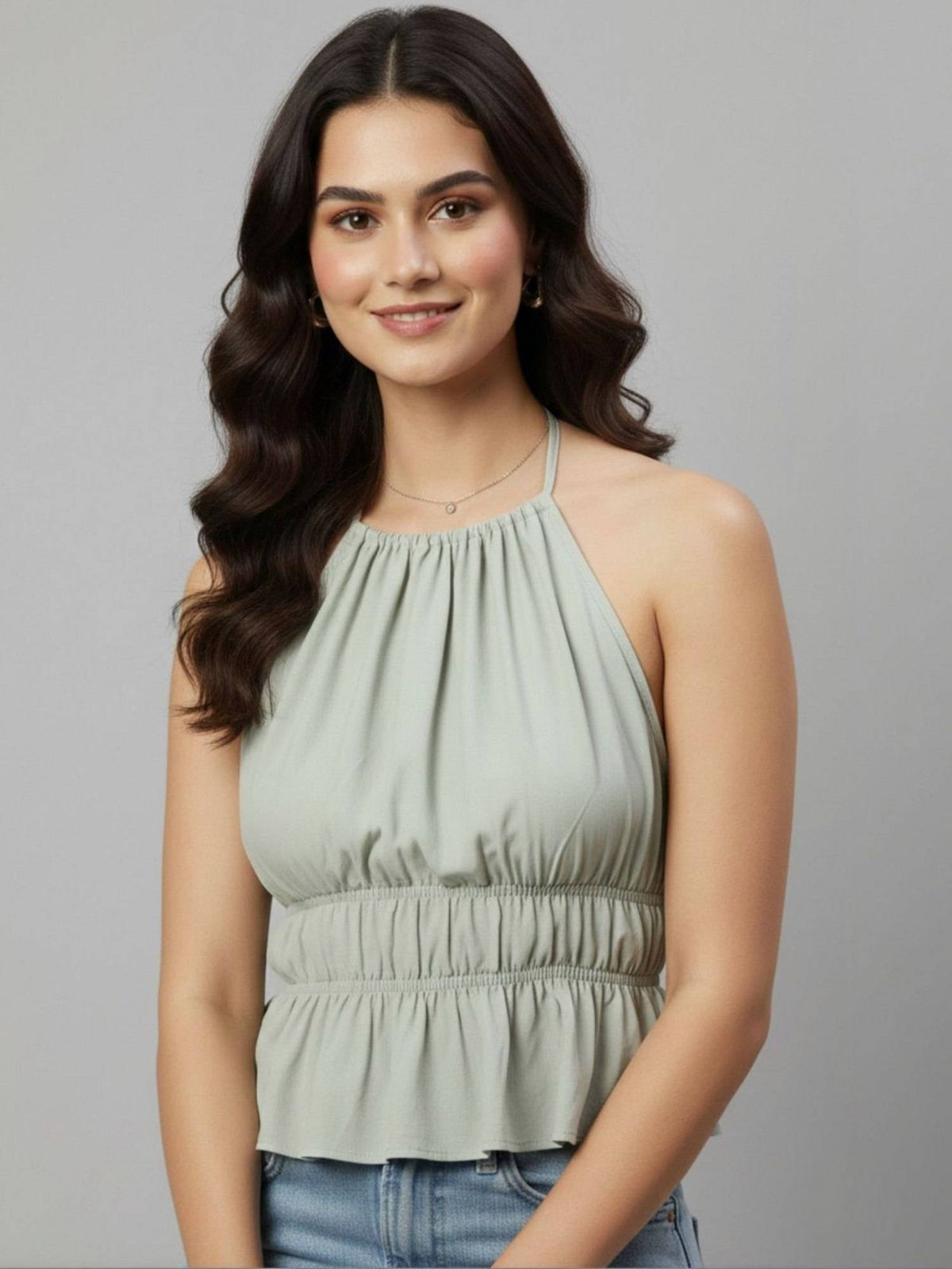 Olive Polyester Sleeveless Halter Neck Solid Top | HT67 - view 7