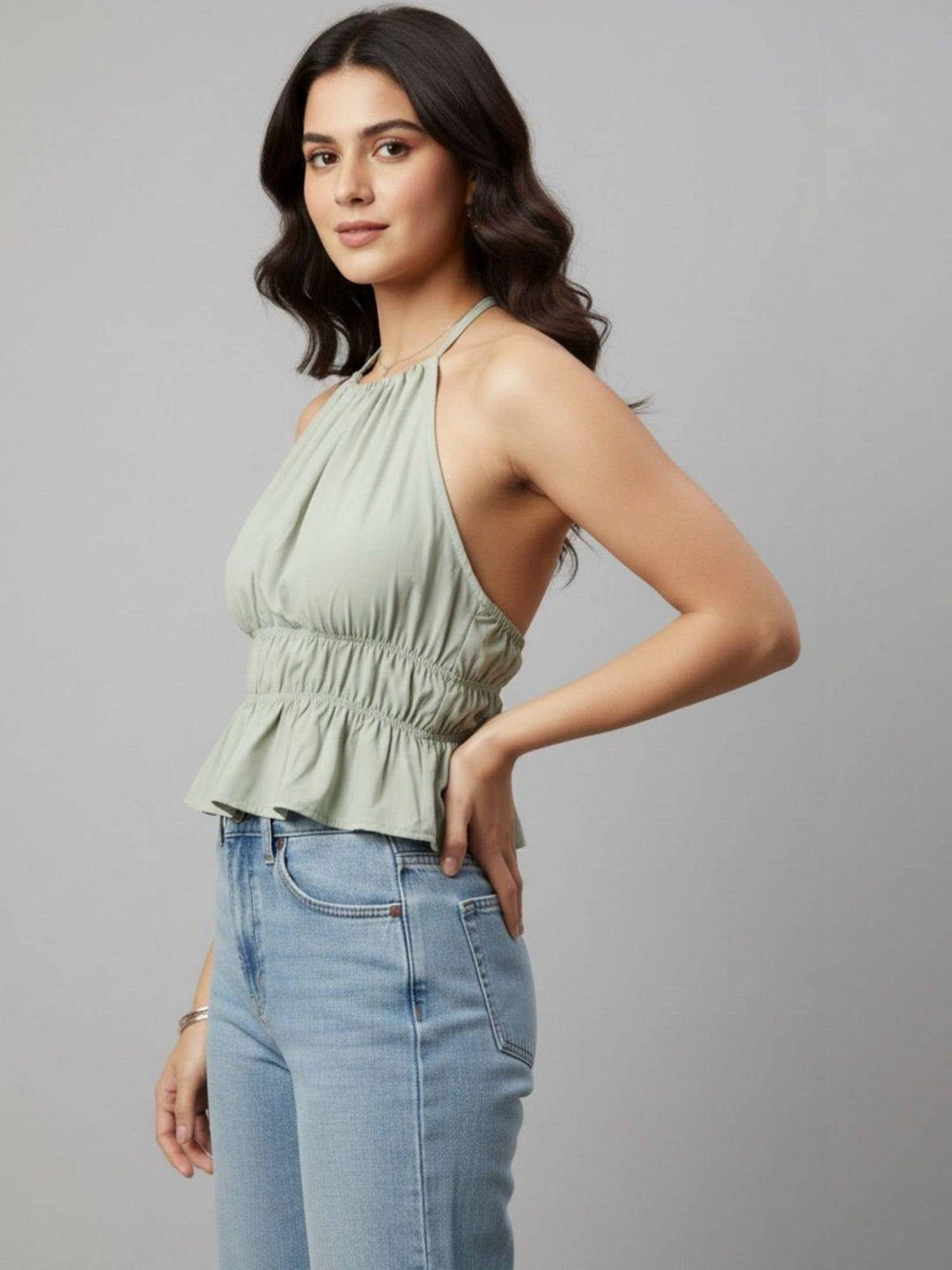 Olive Polyester Sleeveless Halter Neck Solid Top | HT67 - view 8