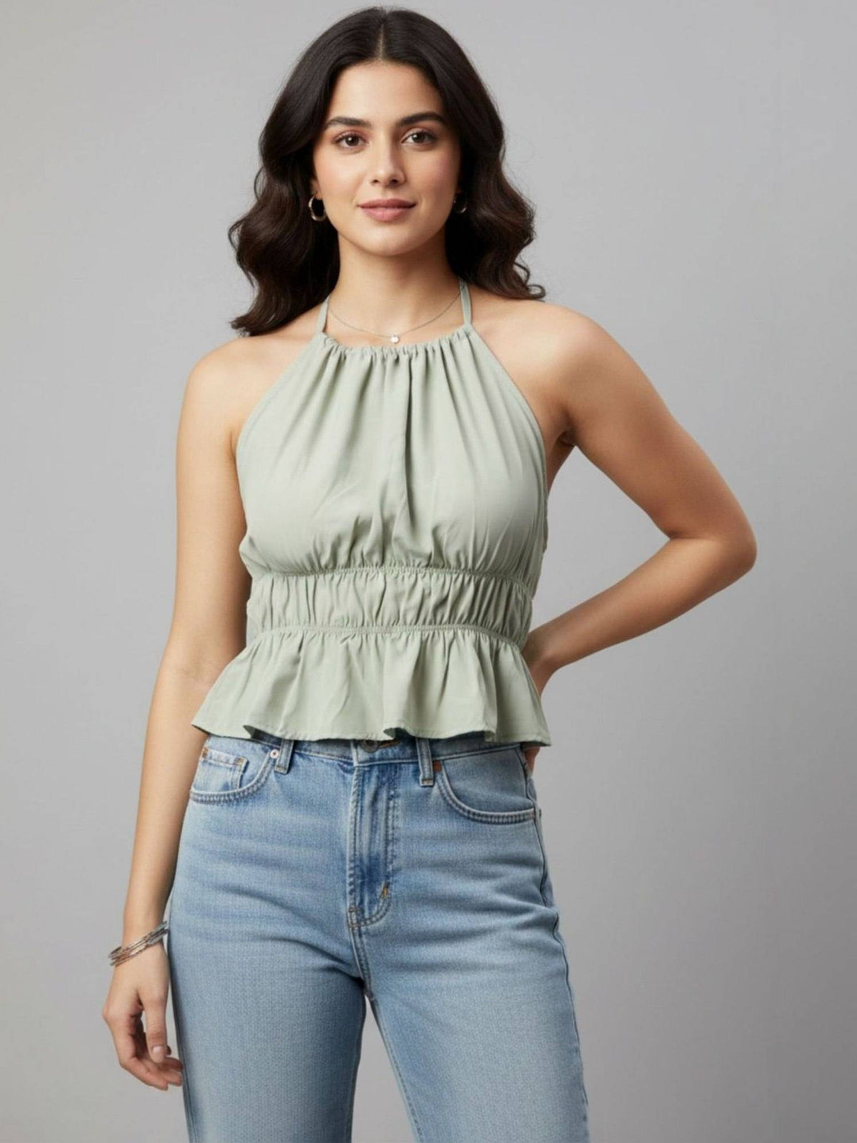 Olive Polyester Sleeveless Halter Neck Solid Top | HT67 - view 9