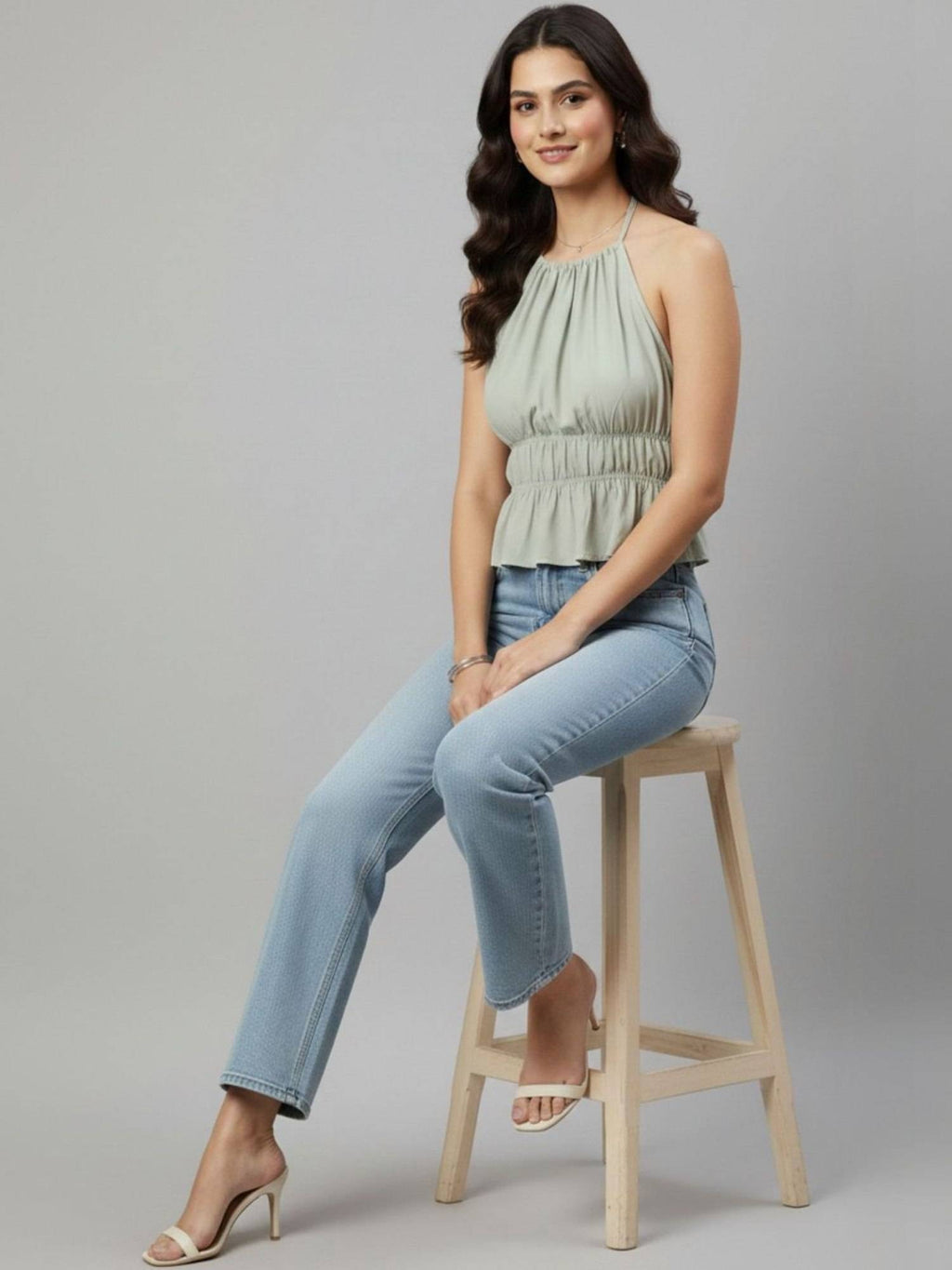 Olive Polyester Sleeveless Halter Neck Solid Top | HT67 - view 11