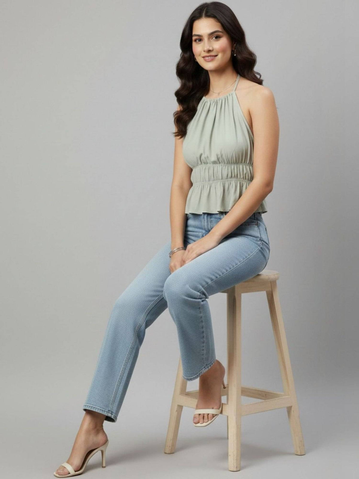 Olive Polyester Sleeveless Halter Neck Solid Top | HT67 - view 11