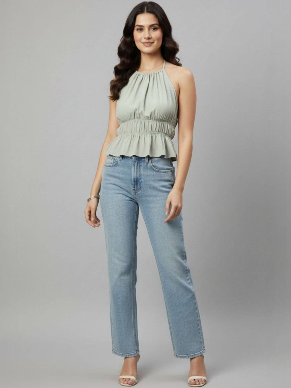 Olive Polyester Sleeveless Halter Neck Solid Top | HT67 - view 12