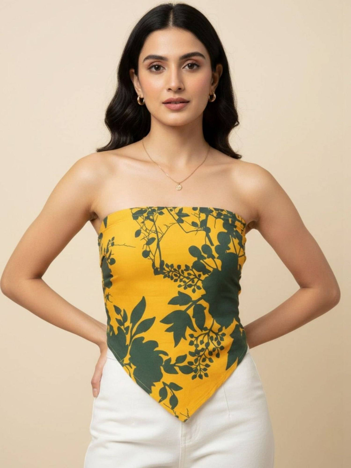 Yellow Polyester Sleeveless Tube Printed Top | TT90 - view 1