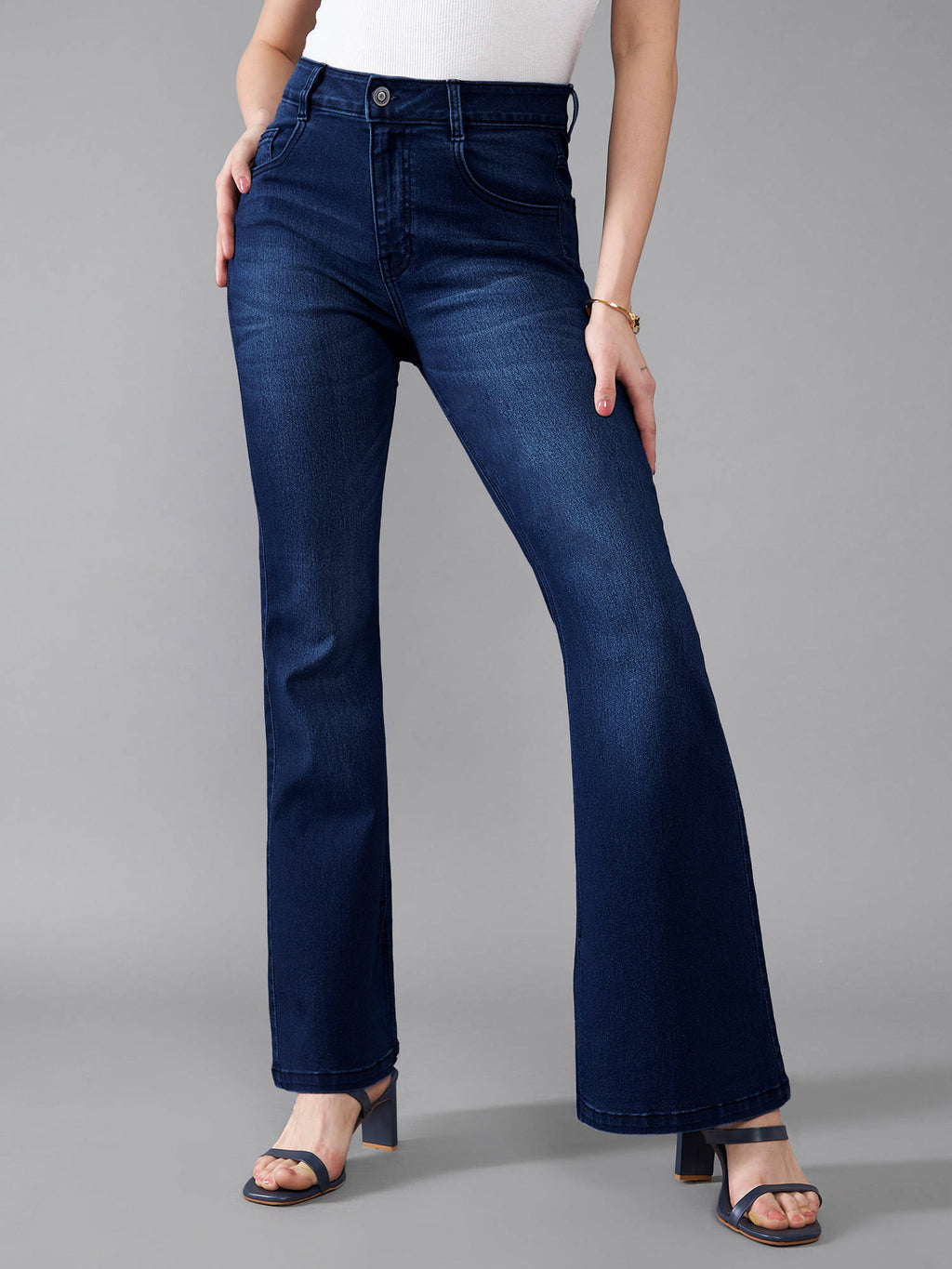Womens Navy Blue High Rise Bootcut Clean Look Flared Jeans | BT10 - view 1