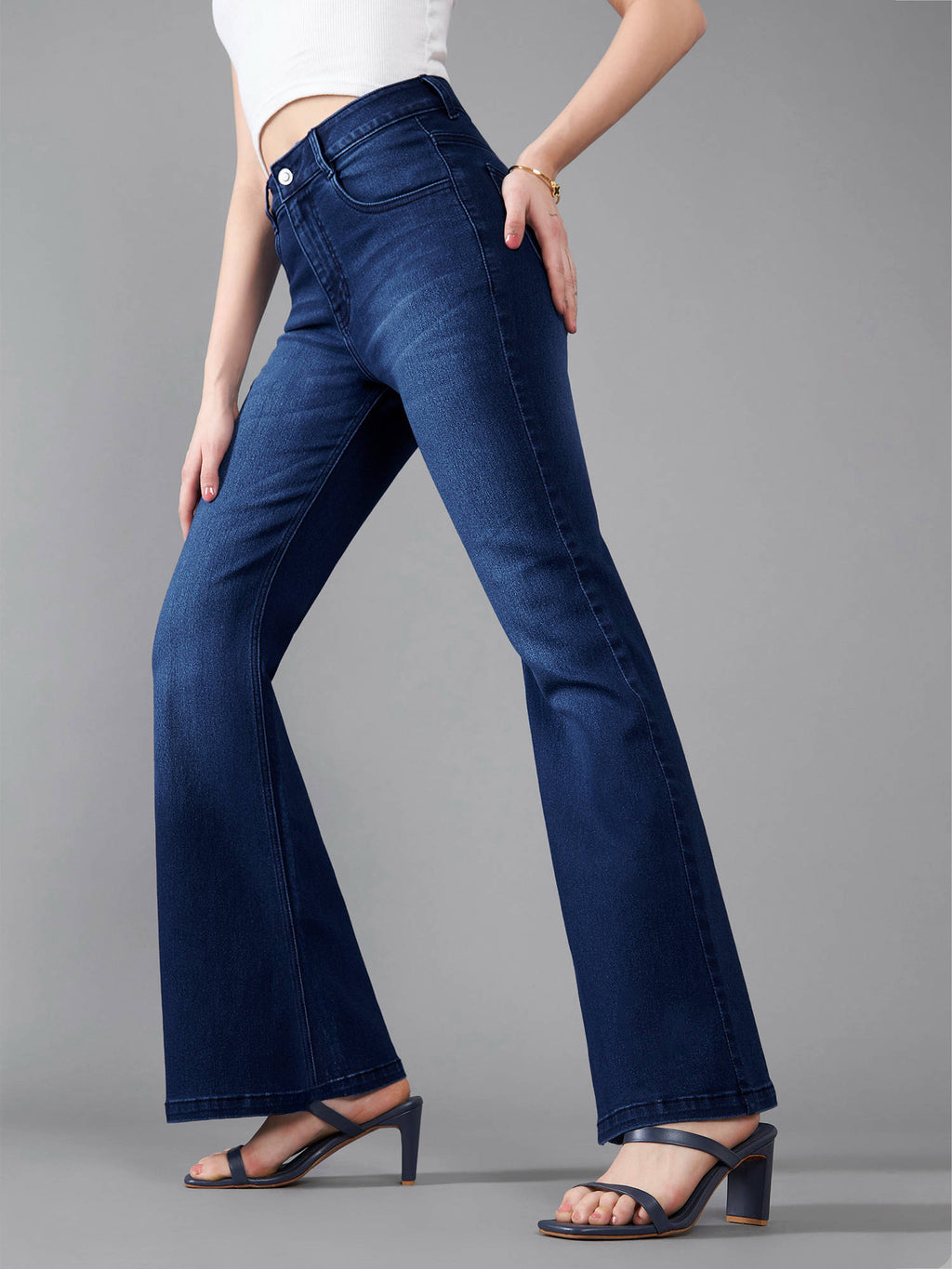 Womens Navy Blue High Rise Bootcut Clean Look Flared Jeans | BT10 - view 2