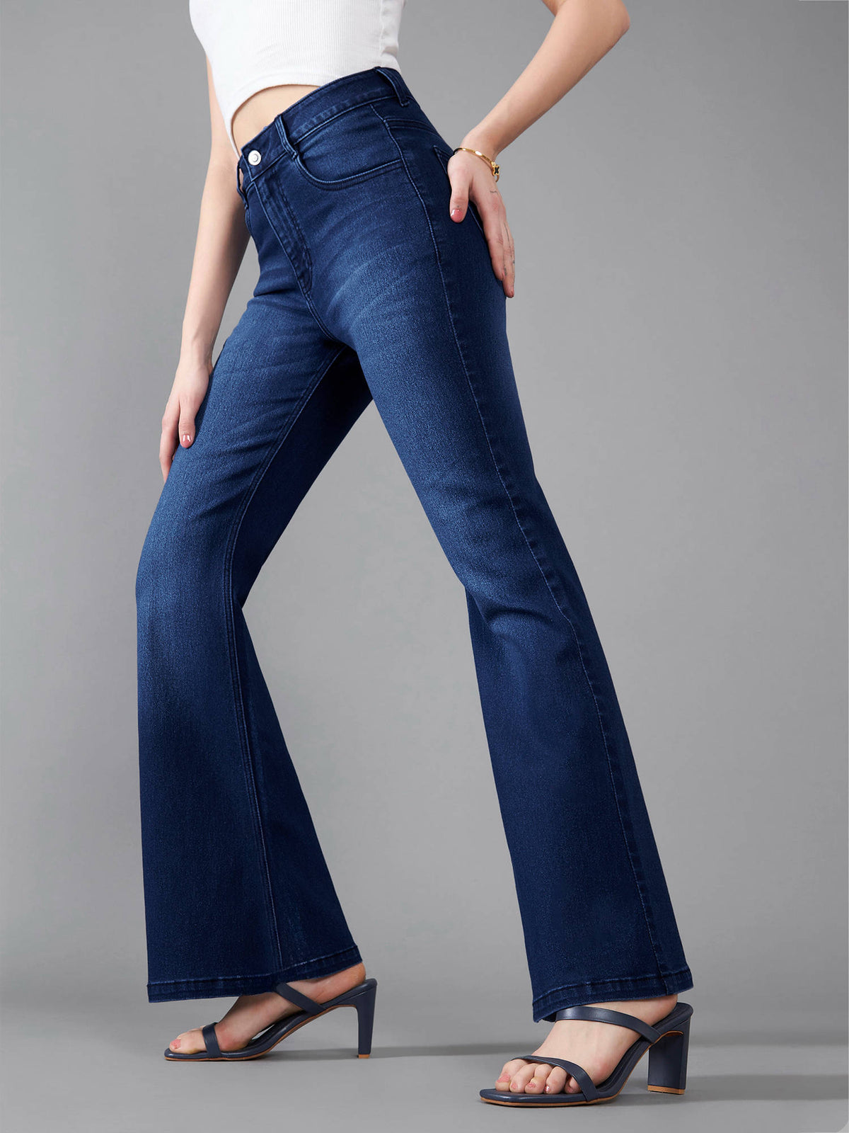 Womens Navy Blue High Rise Bootcut Clean Look Flared Jeans | BT10 - view 2