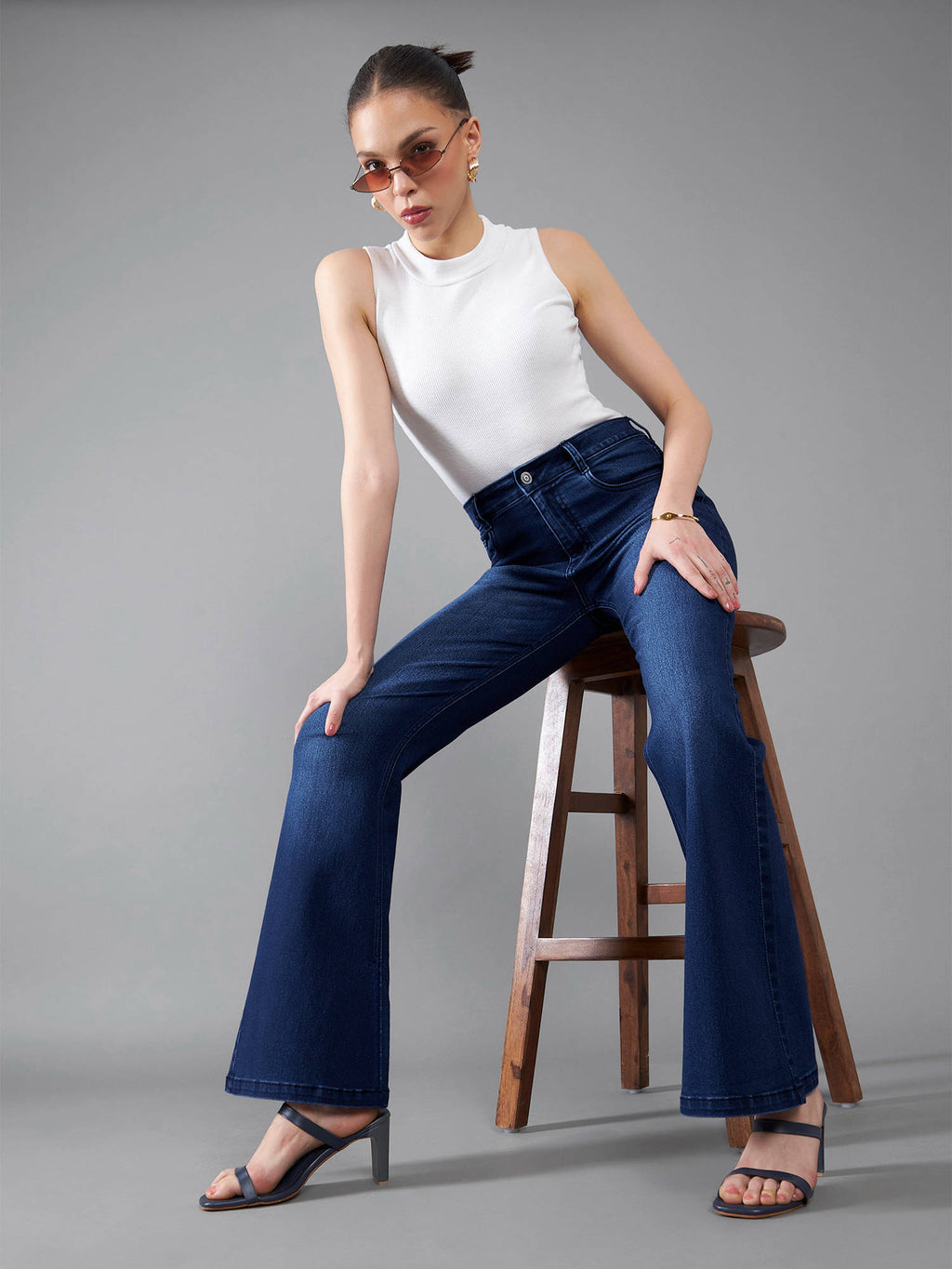 Womens Navy Blue High Rise Bootcut Clean Look Flared Jeans | BT10 - view 3