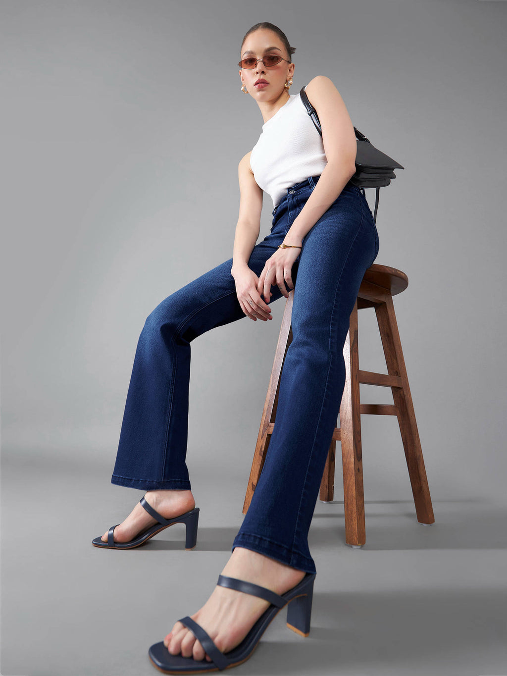 Womens Navy Blue High Rise Bootcut Clean Look Flared Jeans | BT10 - view 6