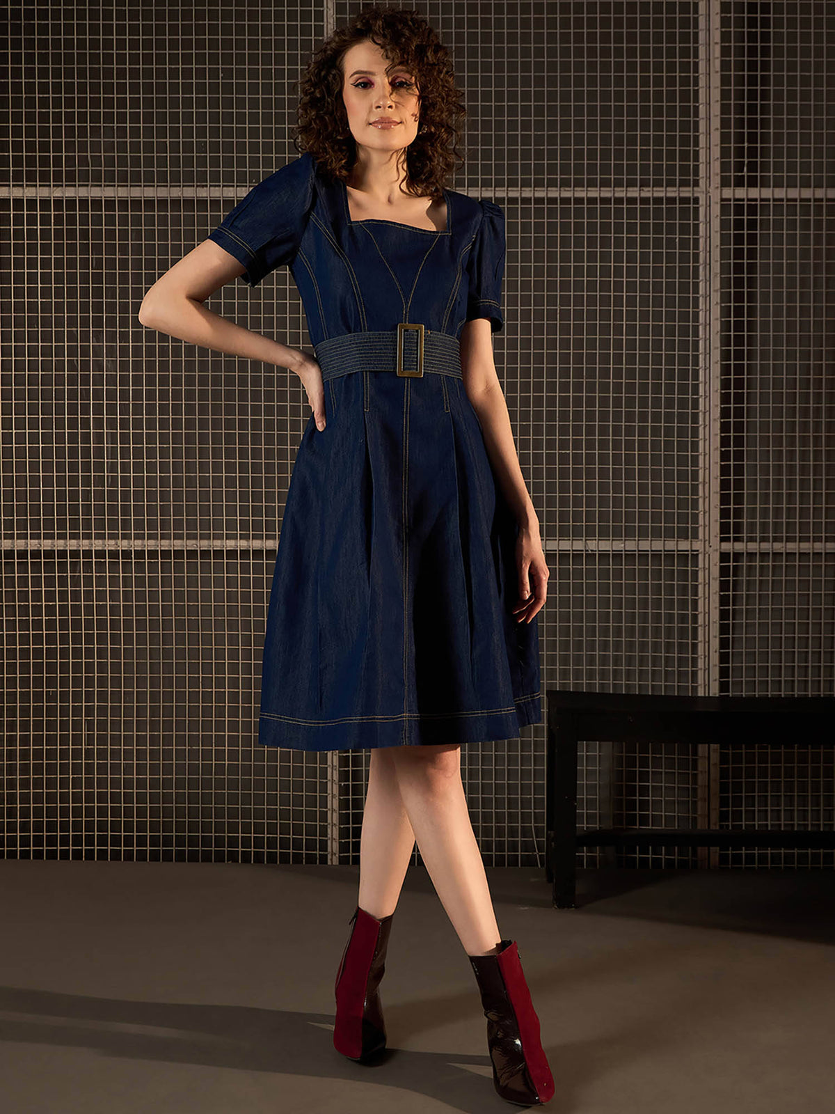 Womens Blue Denim Flared Dress With Belt | D56 - view 1