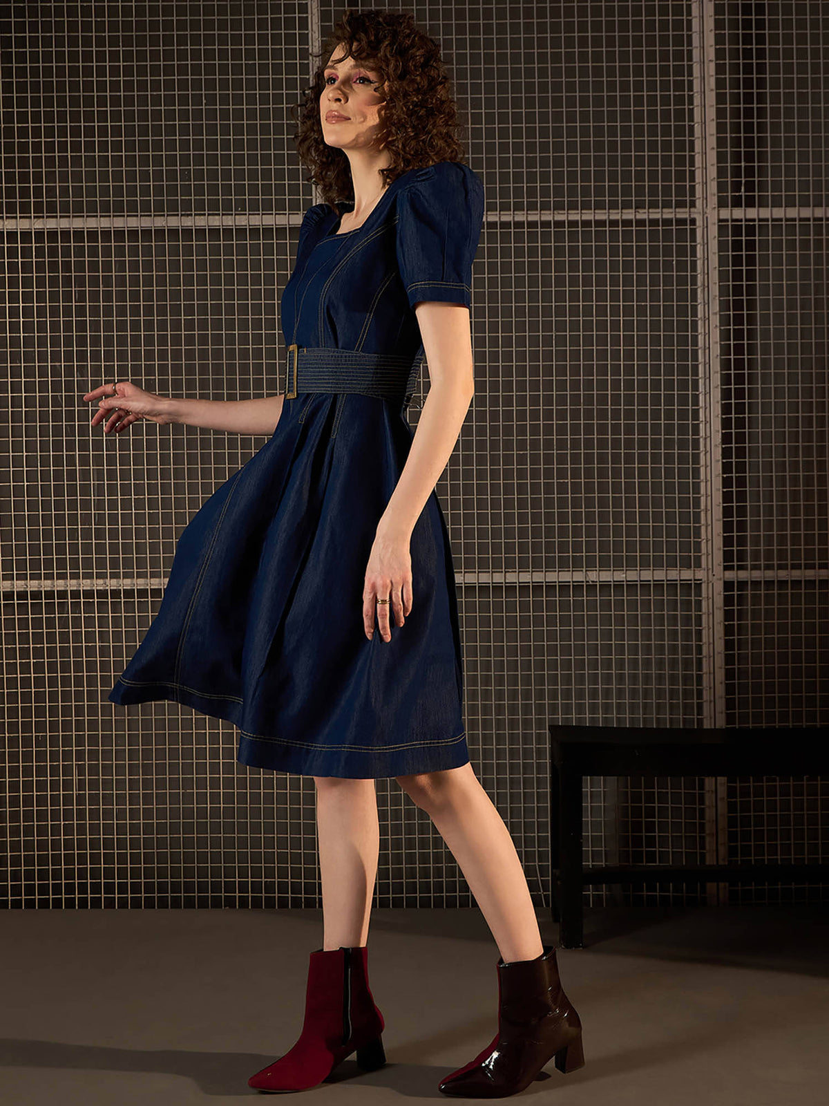 Womens Blue Denim Flared Dress With Belt | D56 - view 2